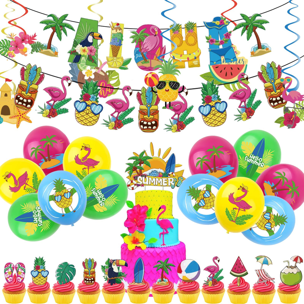 44 Pieces Hawaiian Tropical Party Decorations Set, Aloha Banner Bunting, Hawaiian Latex Balloons, Pineapple Palm Leaves, Flaming
