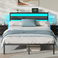 Ourpic Queen Bed Frame with Led Lights and Charging Station, Bed Queen Size Frame with Headboard and Under Bed Storage, Black Me