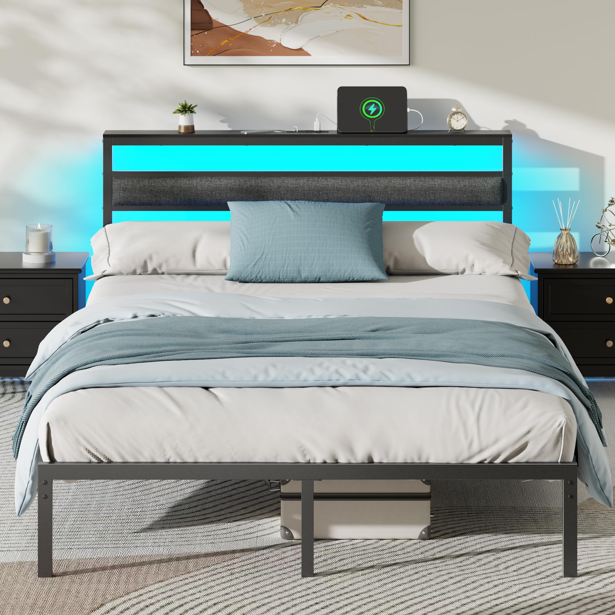 Ourpic Queen Bed Frame with Led Lights and Charging Station, Bed Queen Size Frame with Headboard and Under Bed Storage, Black Me