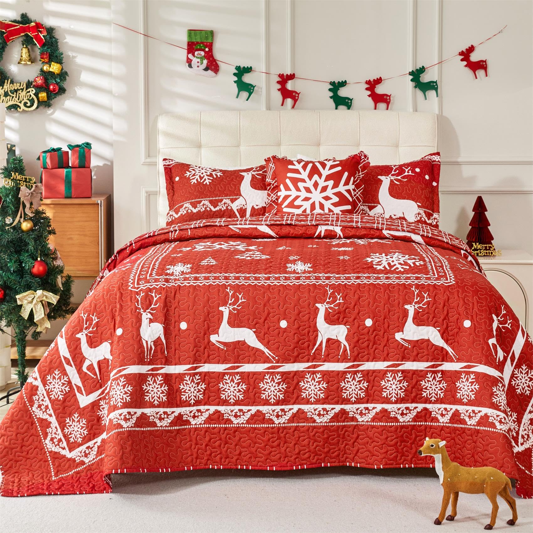 Cmfshape King Size Quilt Set Christmas,Red Reversible Bedspread For New Year,Soft Lightweight Quilt 4Pcs,Christmas Reindeer Snow