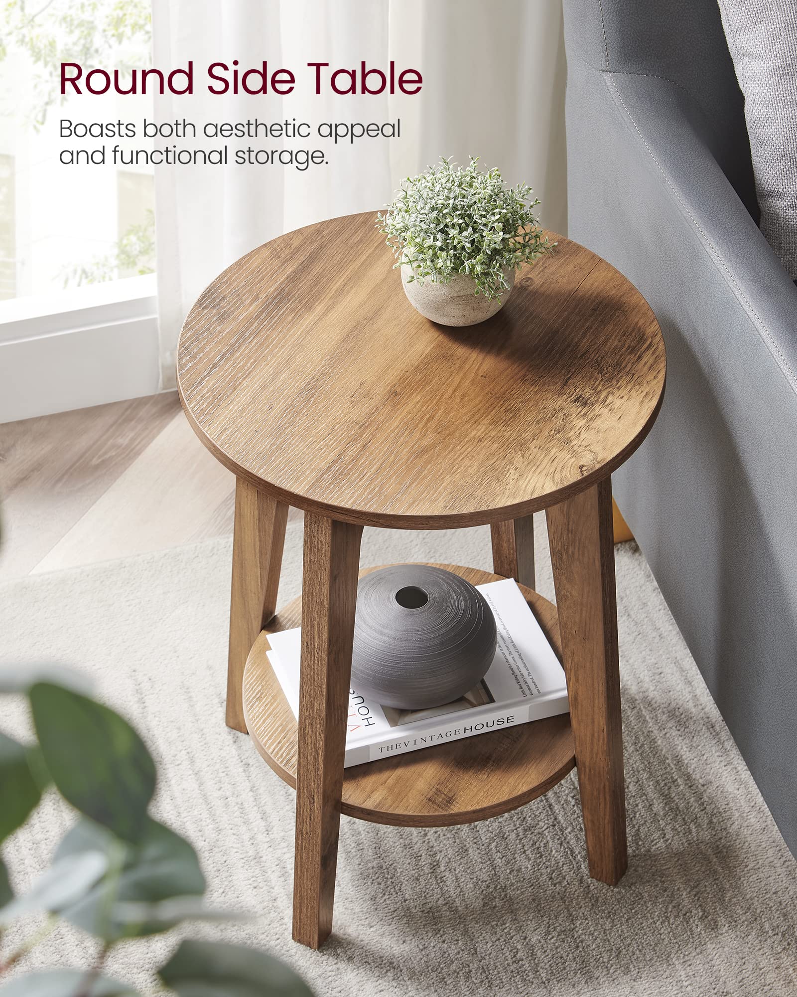 Vasagle Side Table, Small Round End Table With Lower Shelf, Nightstand For Small Spaces, Living Room, Bedroom, Rustic Walnut Ulet283T41