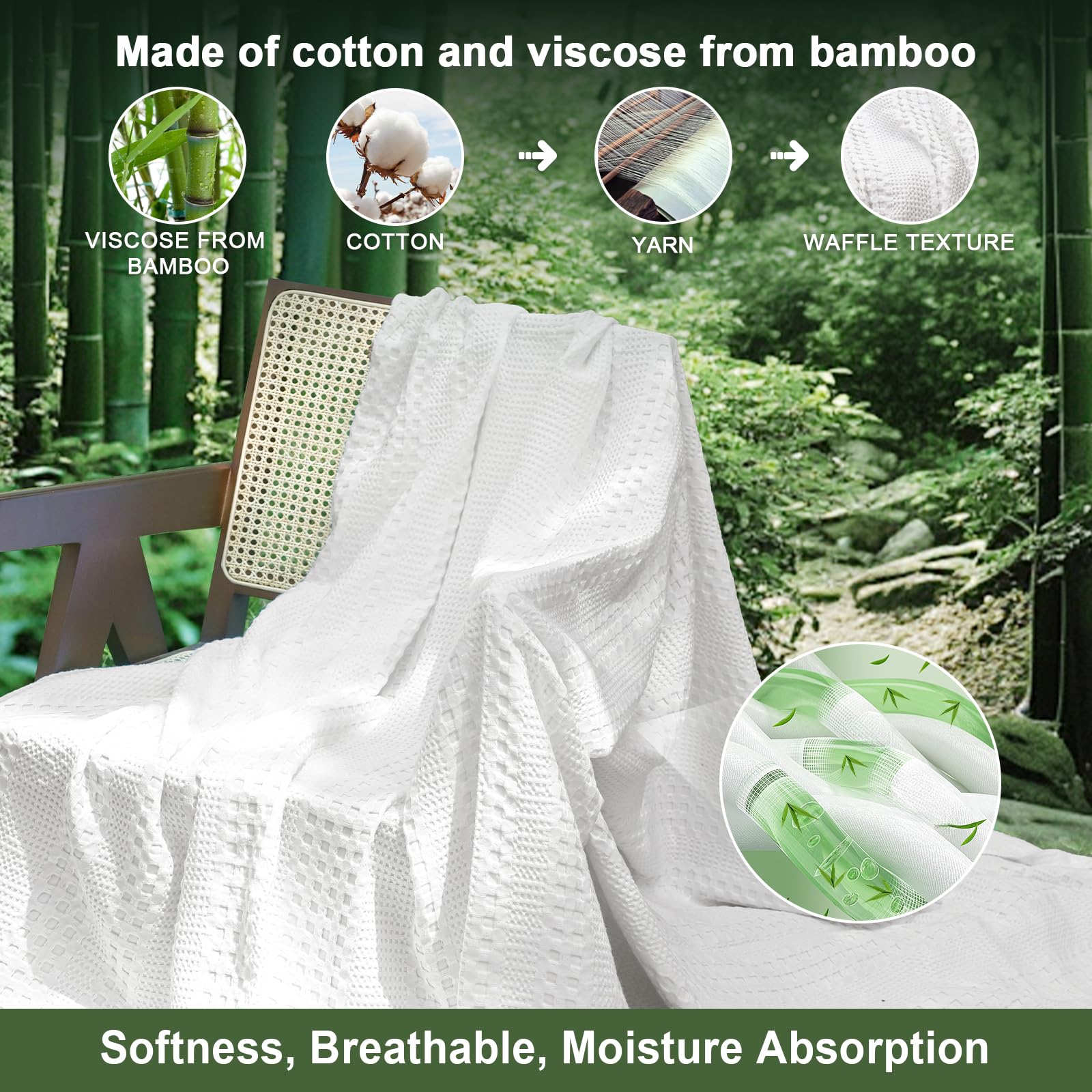 Phf Cooling Waffle Blanket Queen Size, Lightweight 60% Rayon Derived From Bamboo & 40% Cotton Breathable Blanket For Hot Sleepers, Soft And Luxury For Bed Couch And Sofa, 90'X90', White