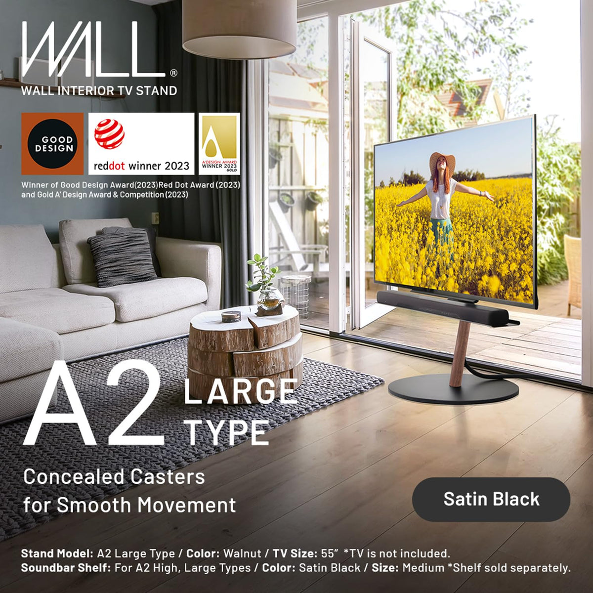 Wall A2 Large Type | Japanese Rolling Portable Free-Standing 45-80 Inch Universal Big Screen Tv Stand With Concealed Caster Wheels | Satin Black