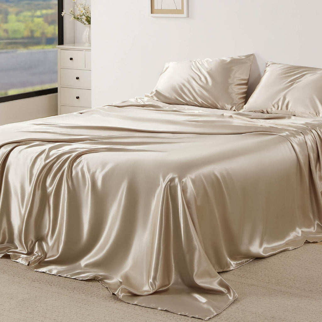 Bedsure Satin Sheets King - Similar To Silk Sheets, Silky Bedsheet, Luxury & Ultra Soft, Non-Fading & Wrinkle Free, Good For Hair & Skin, Gifts For Women, 4 Pieces, Khaki