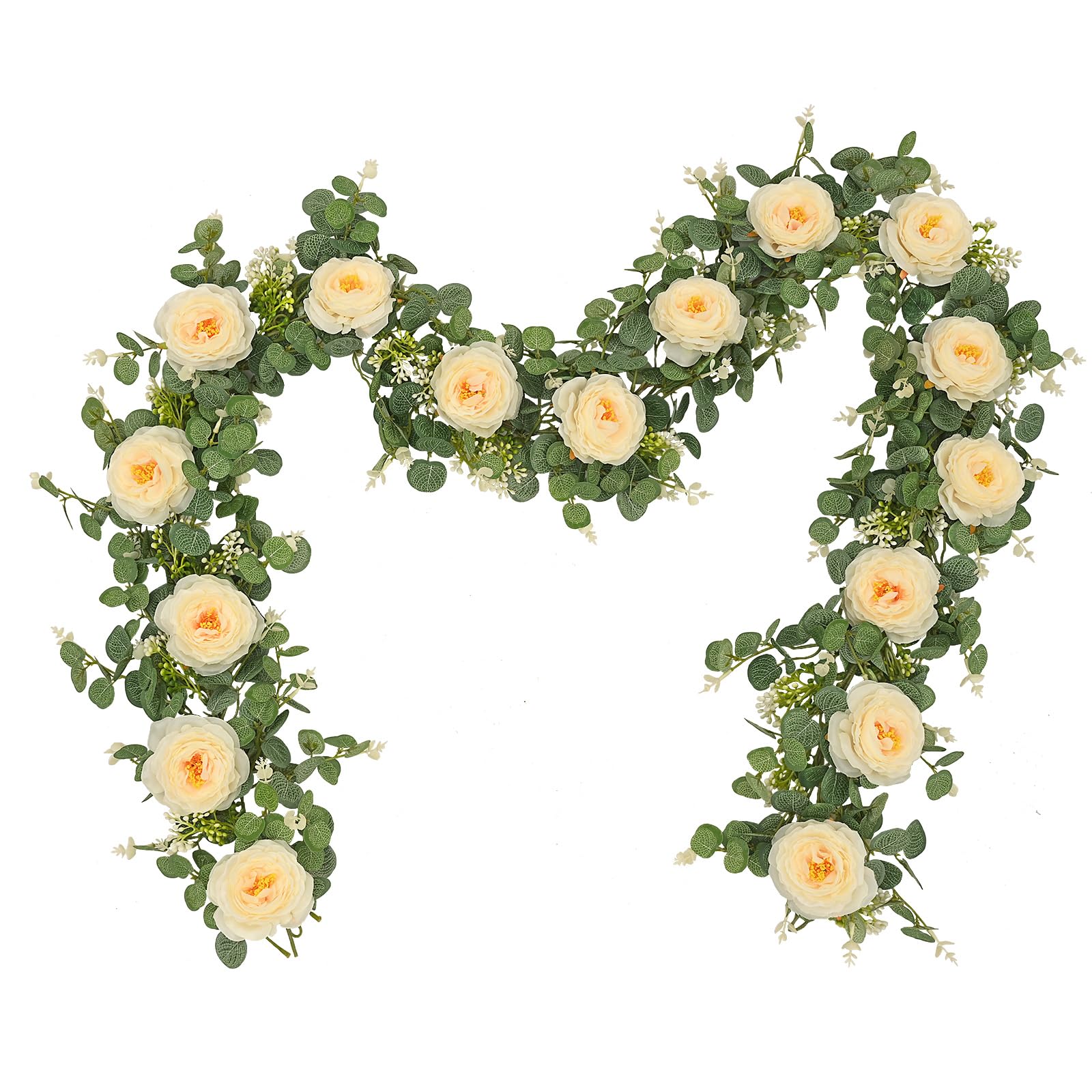 Dolicer 2Pcs 13Ft Artificial Eucalyptus Garlands with Flowers - 8 Camellias, Faux Floral Greenery Garlands Fake Flowers Vines fo