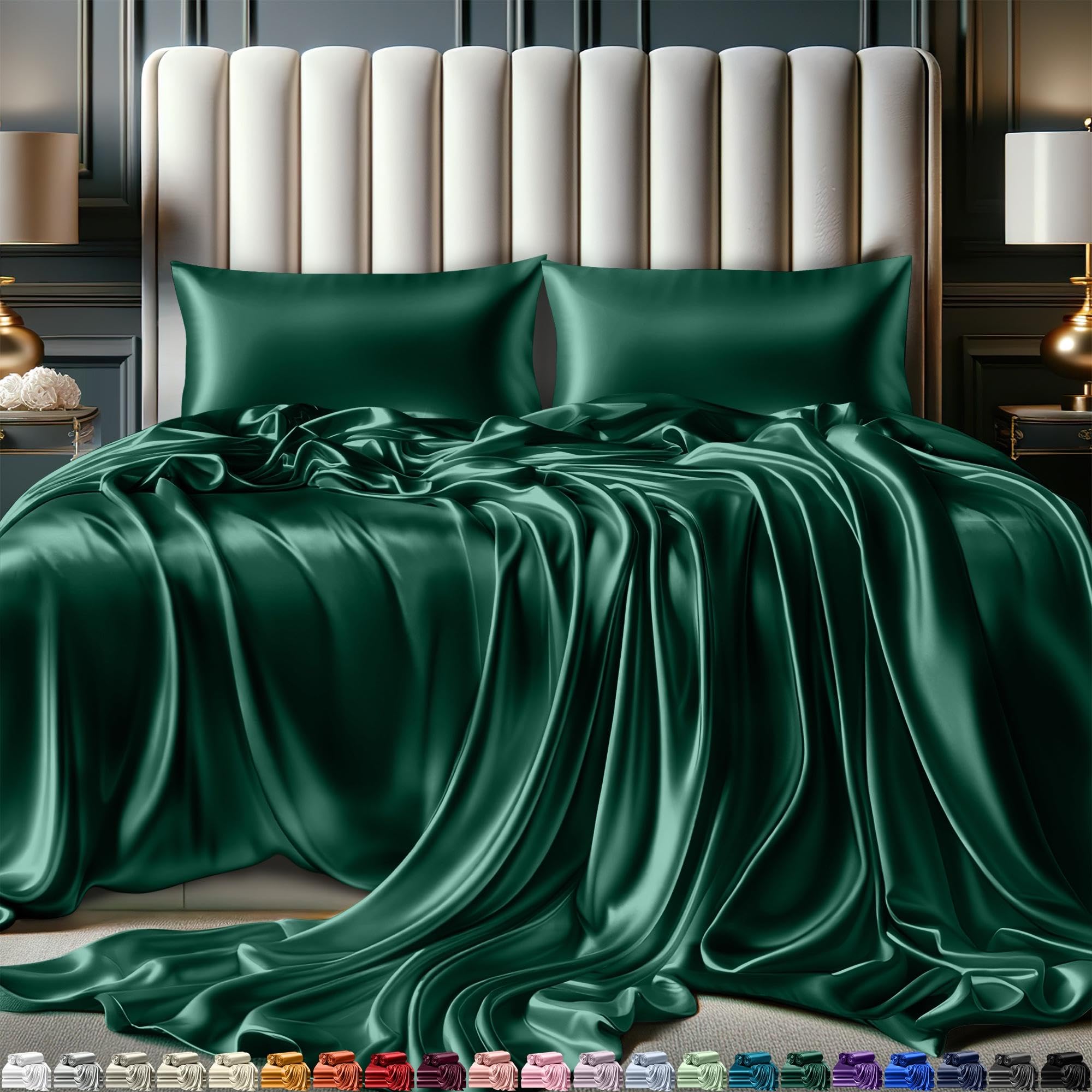 Decolure Satin Sheets Full Size Bed Set 4 Pcs - Elegant Satin Bed Sheets W/ 15 Inch Deep Pocket - Hypoallergenic, Double Stitchi