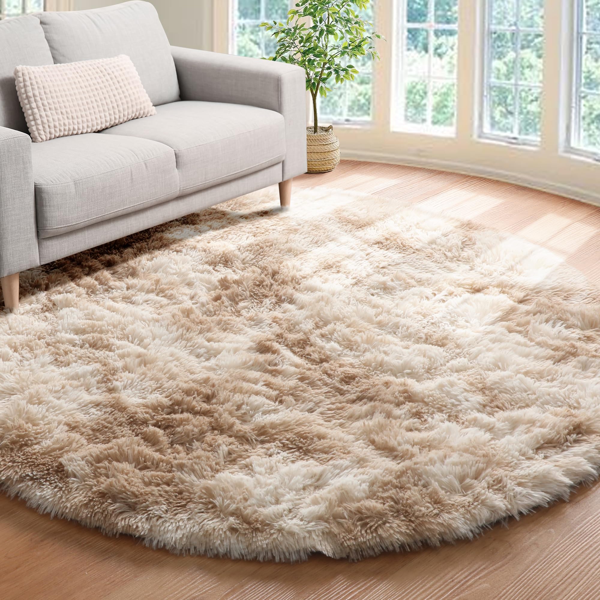 ONASAR Tie-Dye Beige Round Area Rug 5x5, Soft Bedroom Circle Rugs Floor Mats for Kids Girls Teen Room, Kawaii Fluffy Plush Shagg