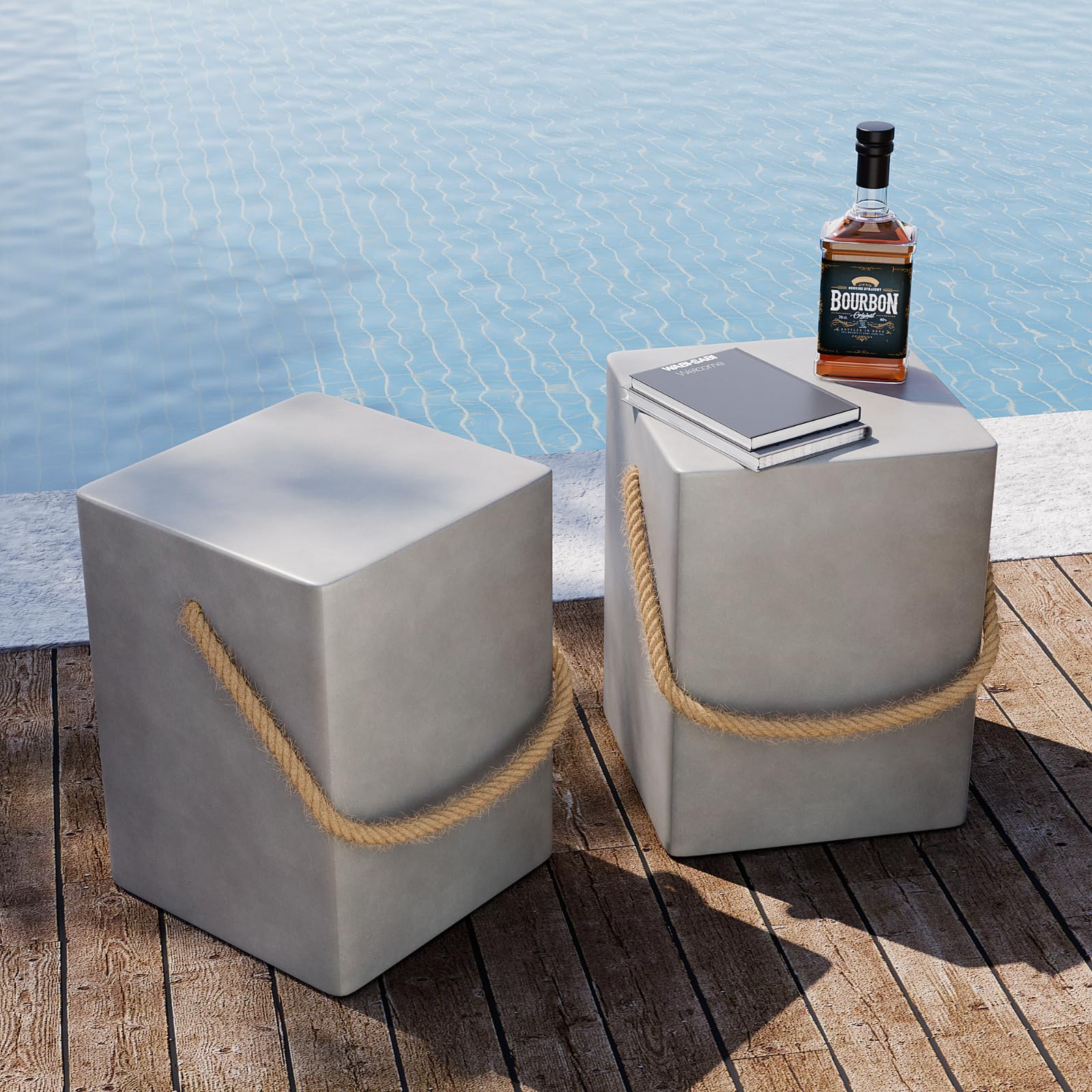 Sunbury Concrete Side Table Set Of 2, Outdoor Side Table For Patio, 18' H Outdoor Accent Table W Hemp Rope, Patio Side Table End Table In Medium Gray, Ceramic Side Table Garden Stool Log Table