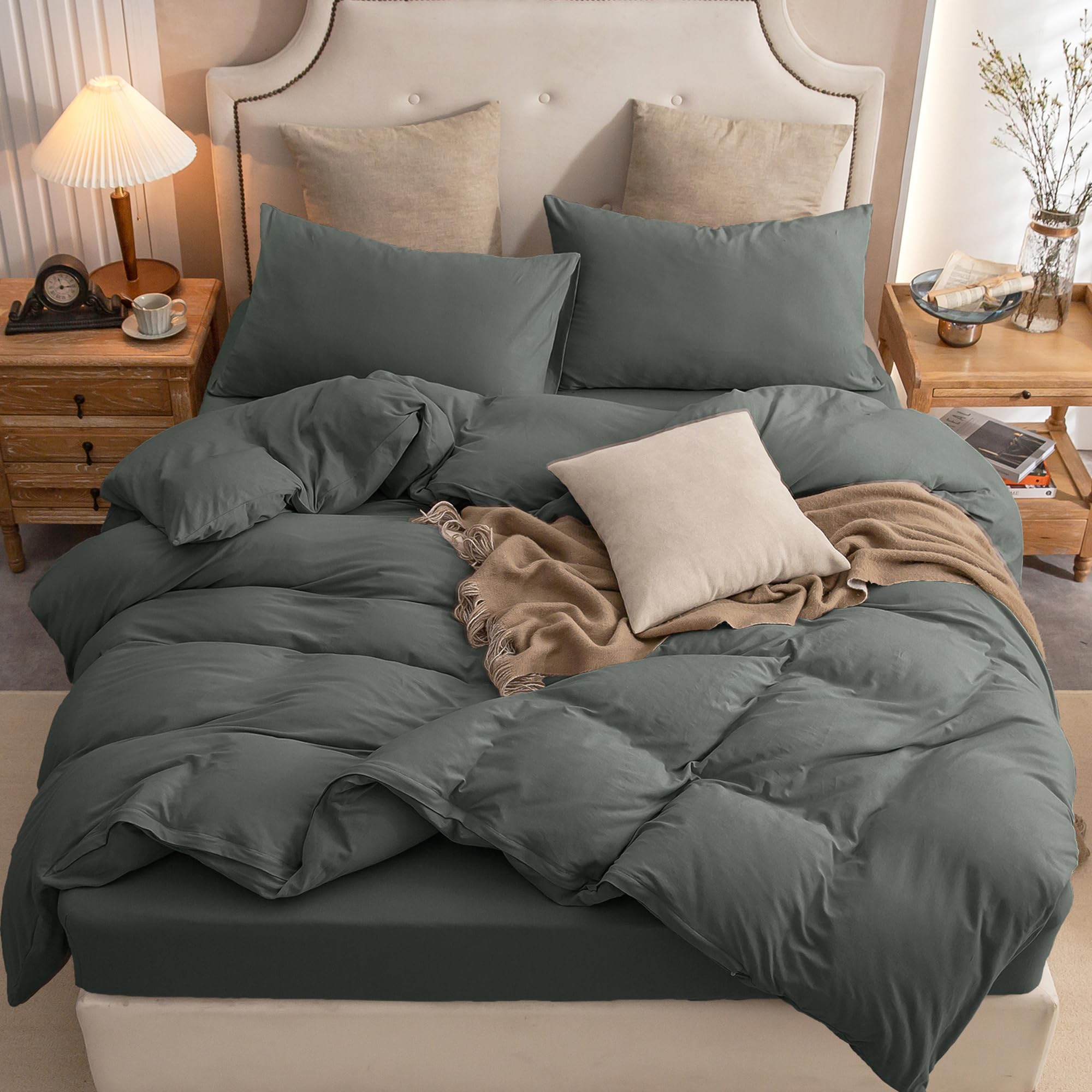 Pure Era Jersey Knit Duvet Cover Set 100% T-Shirt Cotton Super Soft Comfy 3Pc Bedding Set With Zipper Closure (Solid Dark Greeni