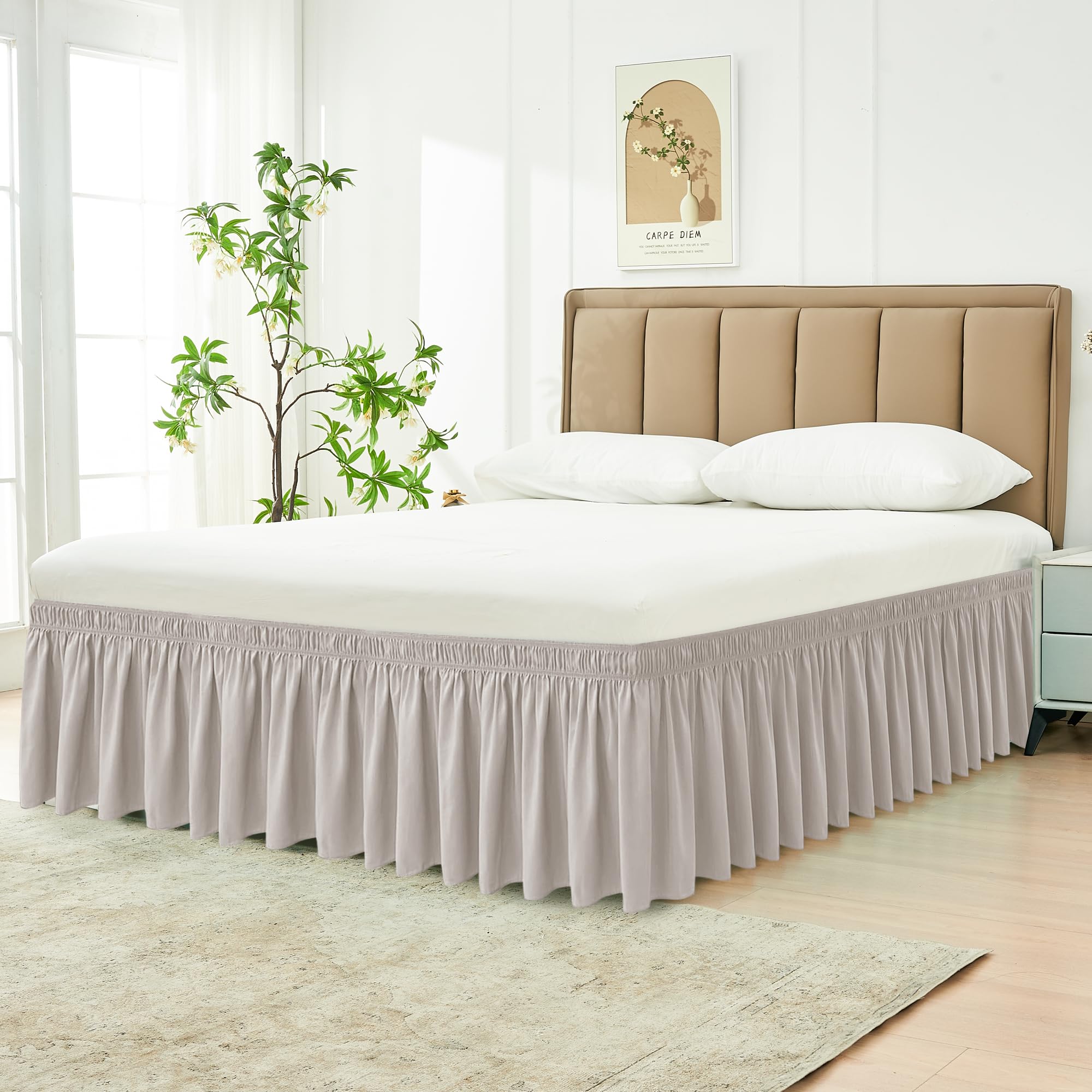 Biscaynebay Wrap Around Bed Skirts For King & Cal King Beds 16' Drop, Camel Grey Adjustable Elastic Dust Ruffles Easy Fit Wrinkle Resistant Silky Luxurious Fabric Machine Washable