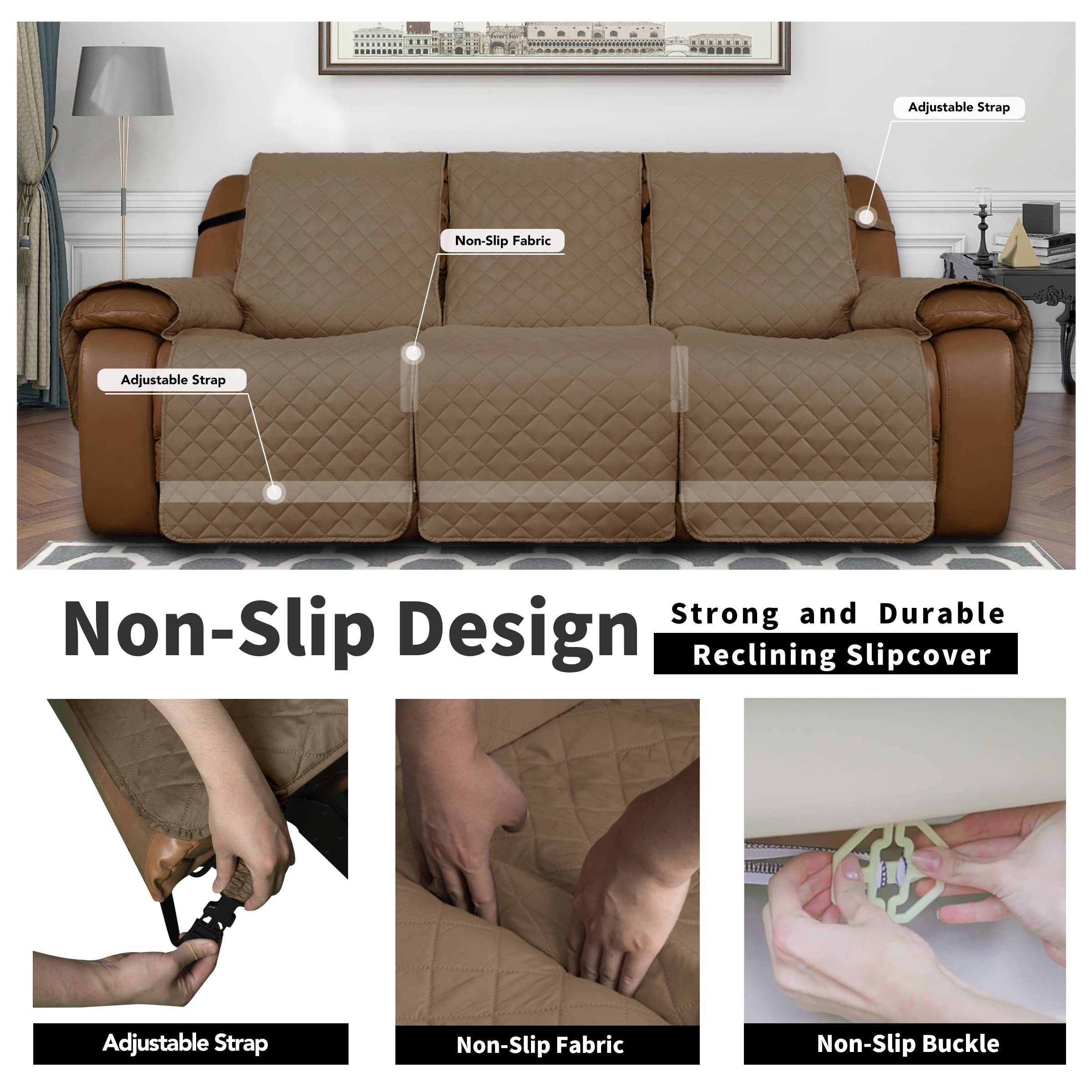 Easy-Going Oversized Recliner Sofa Cover, Reversible Couch Cover For 3 Seat Recliner, Split Sofa Cover For Each Seat With Elastic Straps For Kids, Dogs, Pets (3 Seater, Camel/Camel)