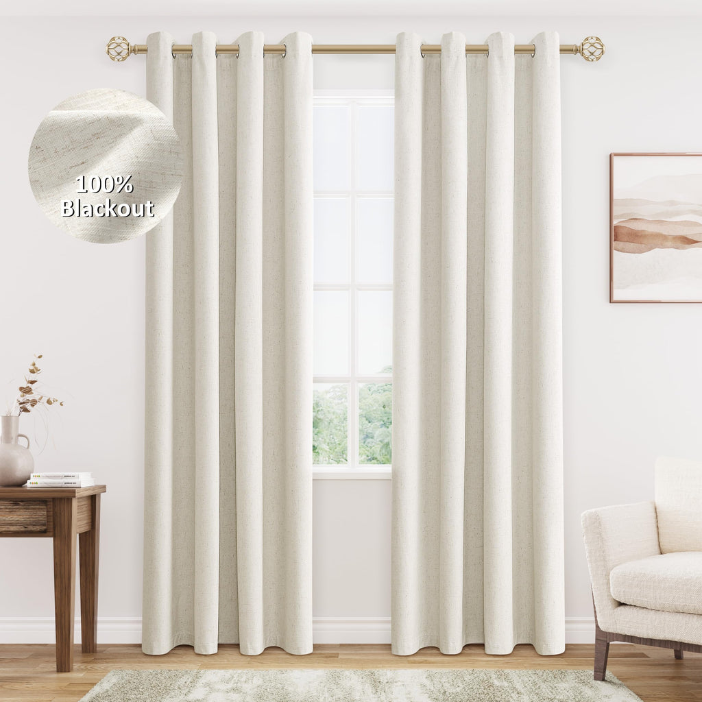 Jowels Cream Linen Blackout Curtains 84 Length 2 Panels Set for Living Room Bedroom, 100% Black Out Thermal Insulated Linen Drap