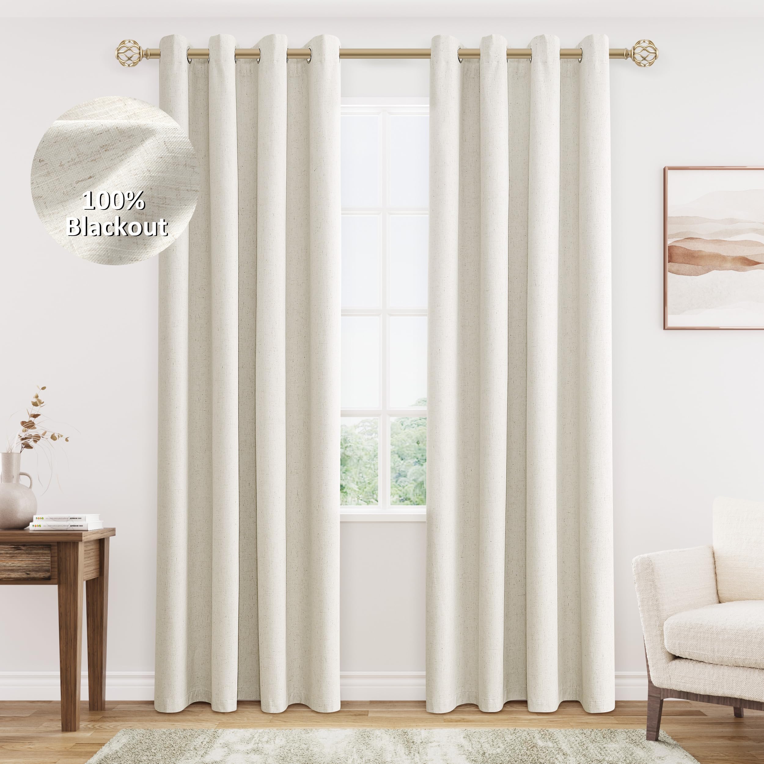 Jowels Cream Linen Blackout Curtains 84 Length 2 Panels Set for Living Room Bedroom, 100% Black Out Thermal Insulated Linen Drap