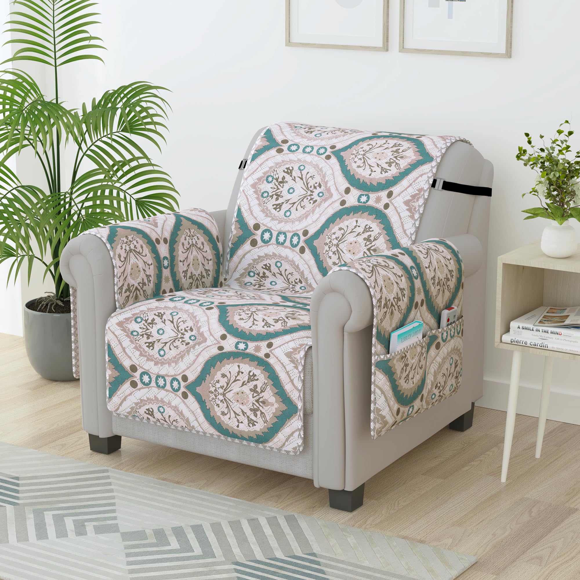 Story@Home Quilted Sofa Cover 1 Seater Fully Covered Microfiber Sofa Cover 1 Seater 60 X 175 Cm Ivory & Ocean Green Motif & Pais