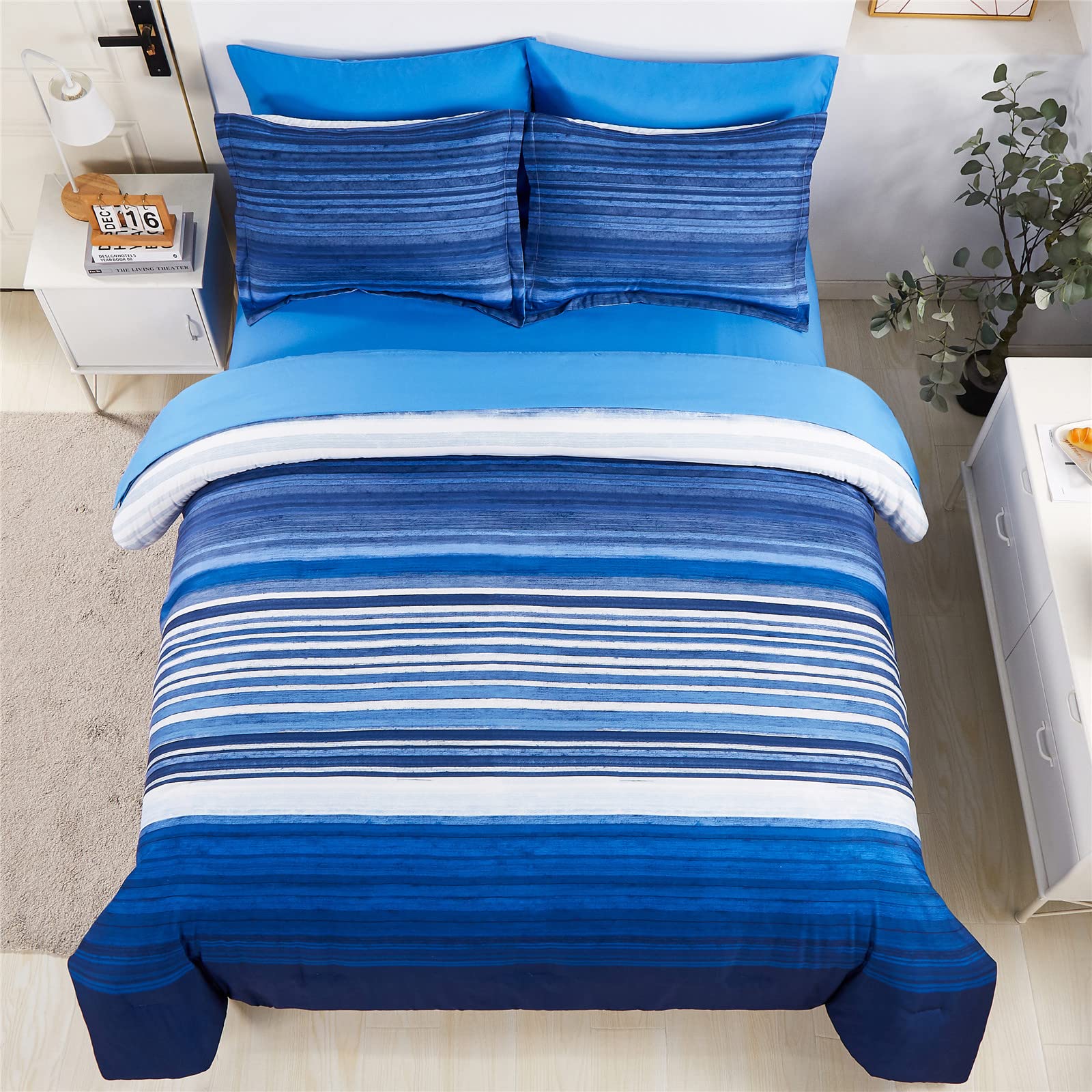 Kakijumn 7 Piece Bed In A Bag Stripe Comforter Set Full Size, White And Blue Patchwork Striped Comforter And Sheet Set, All Seas