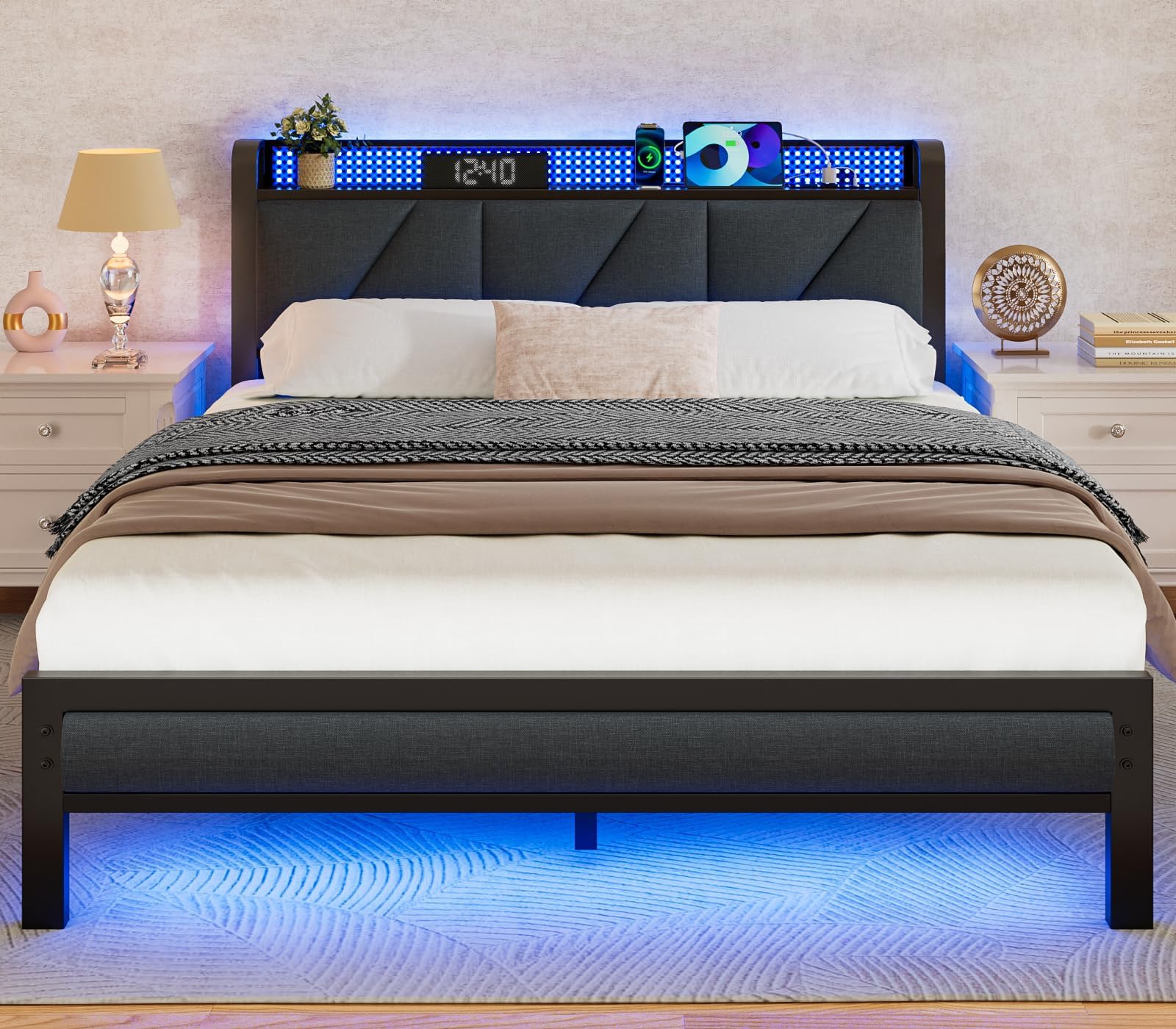 Furnulem Full Bed Frame with LED Lights,Headboard with Charging Station and USB Port,Upholstered Platform Bedframe Metal Support