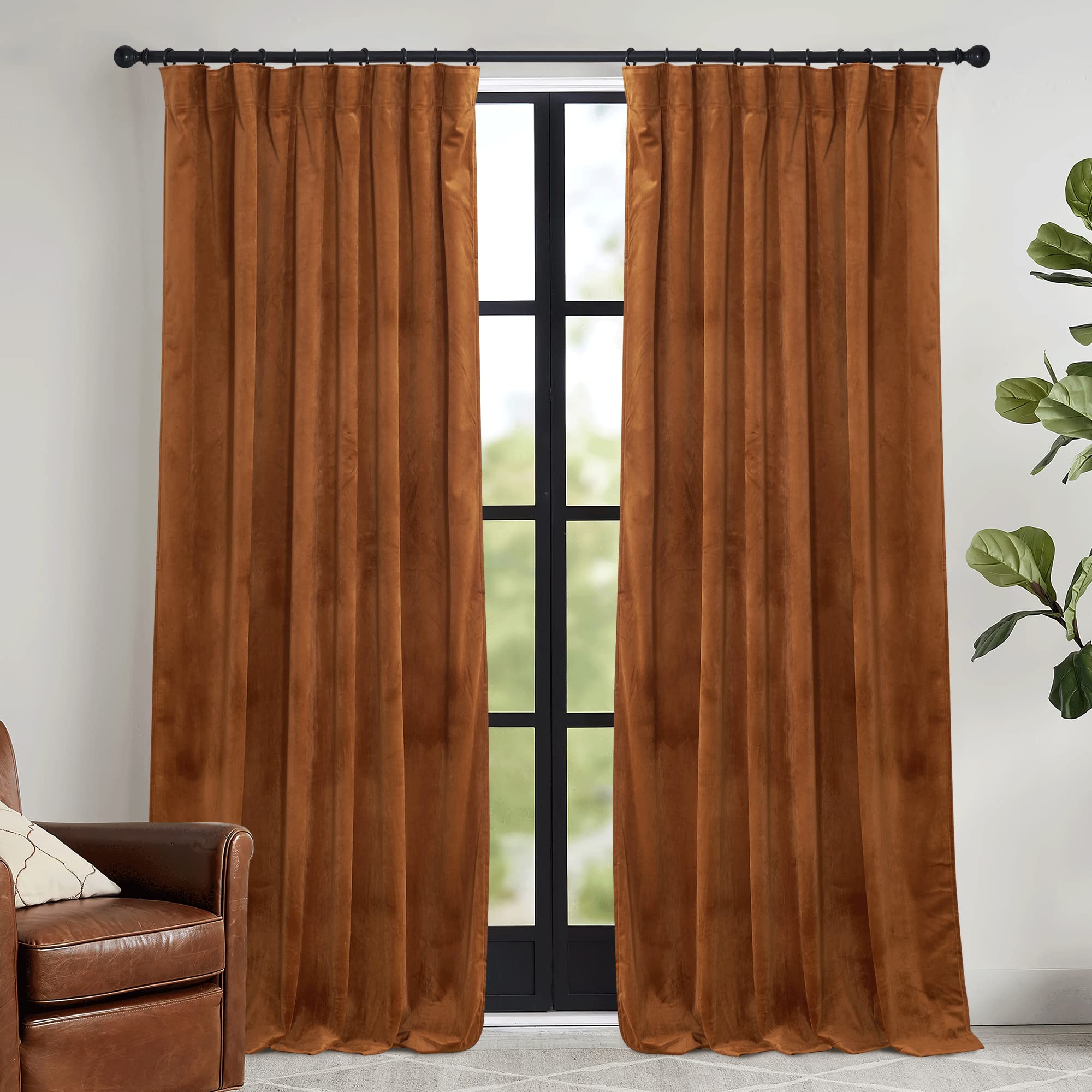 Ryb Home Velvet Curtains 108 Inch, Room Darkening Window Curtains For Living Room Thermal Insulated Privacy Backdrop With Back Tab Loop For Bedroom, Golden Oak, W52 X L108 Inch, 2 Panels