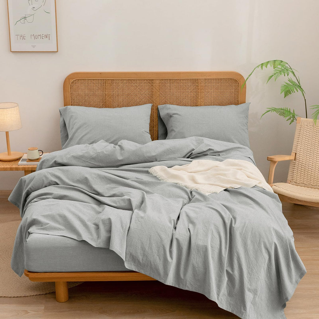 Bestouch Sheet Set 100% Washed Cotton Linen Feel Super Soft Comfortable Chic Lightweight 4 Pcs Home Bedding Set Solid Light Grey