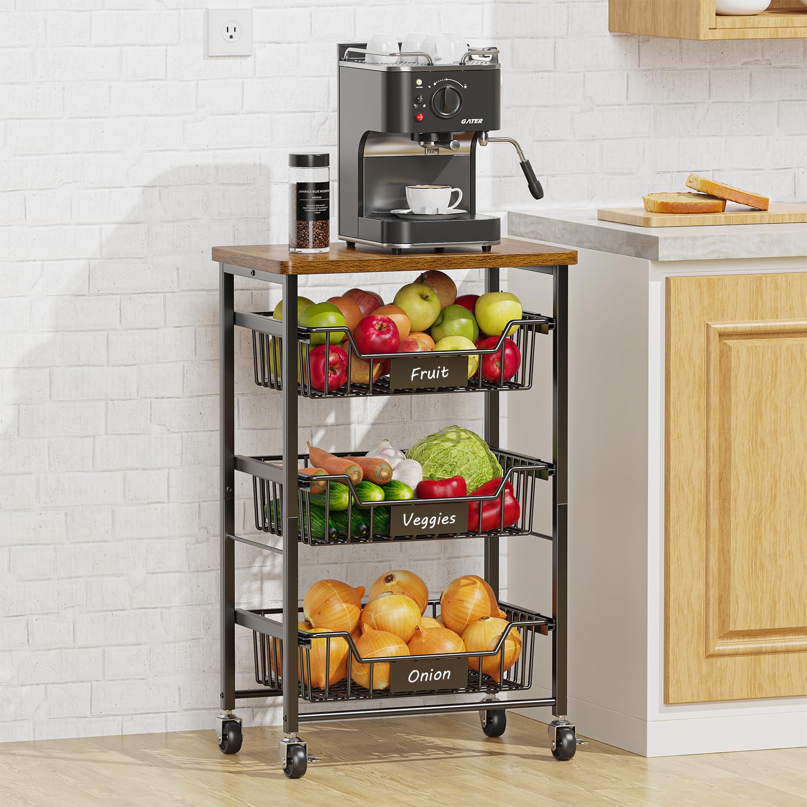 CHLORYARD 4-Tier Vegetable Fruit Basket Kitchen Storage Rolling Cart on Wheels with Pull-Out Baskets and Wood Top for Kitchen Di