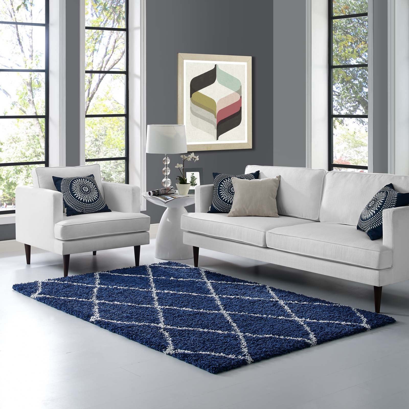 Modway Toryn Diamond Trellis 5X8 High Pile Shag Area Rug With Lattice Design In Navy And Ivory