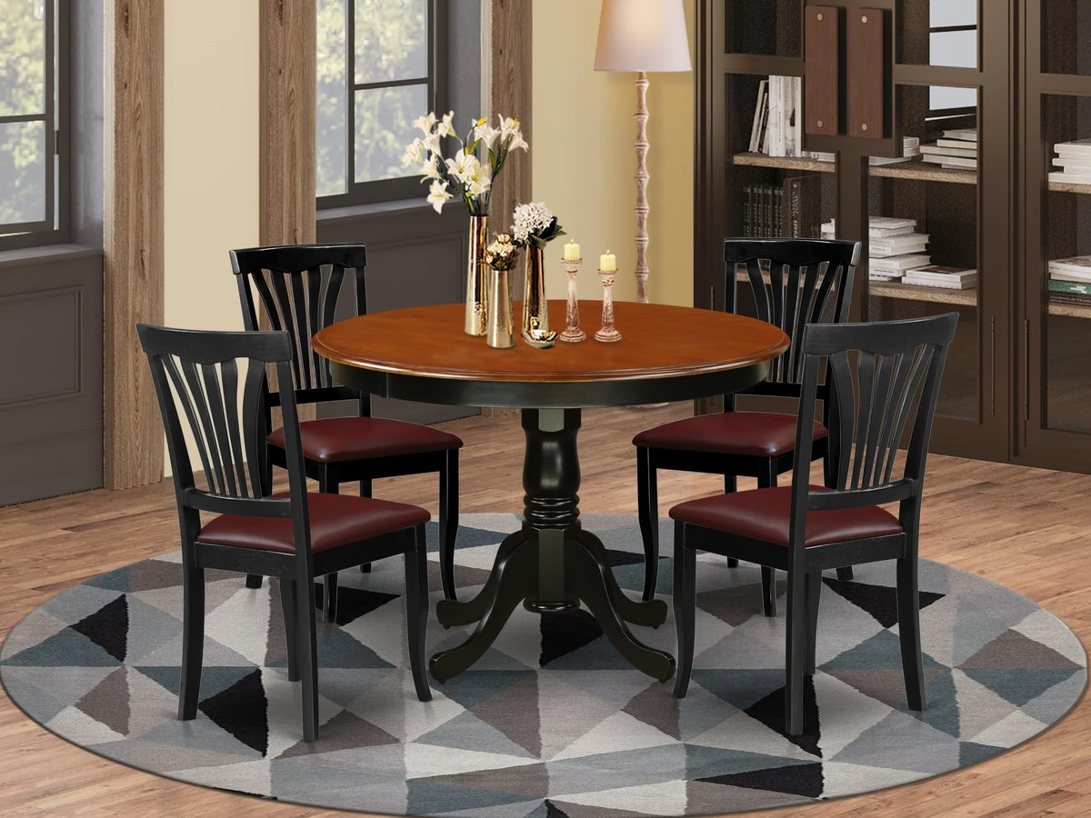 East West Furniture HLAV5-BCH-LC 5 Piece Modern Dining Table Set Includes a Round Wooden Table with Pedestal and 4 Faux Leather Dining Room Chairs, 42x42 Inch, Black & Cherry