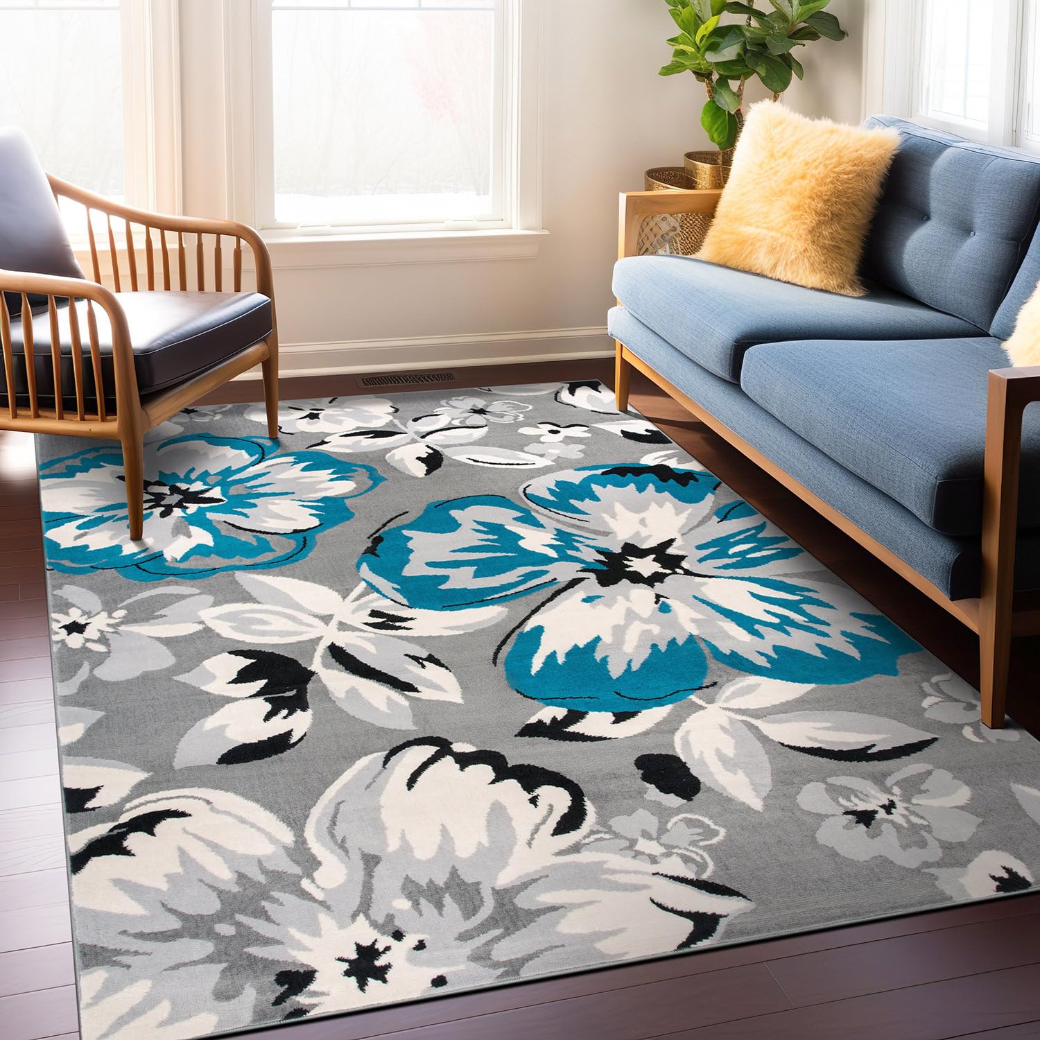 Rugshop Modern Floral Design Area Rug for Living Room,Bedroom,Home Office,Kitchen Non Shedding Area Rug 76 X 9 5 Blue