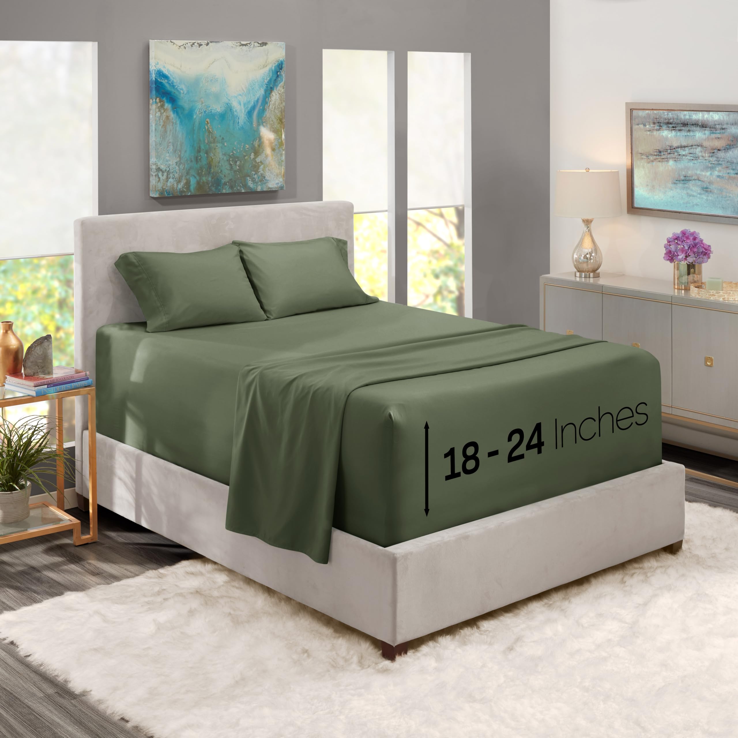 Nestl Extra Deep Pocket Sheets - Fits Mattress 18-24 Inches Deep, Extra Deep Pocket King Size Sheets Sets, 4 Piece King Size Sheets, King Sheets Deep Pocket, Olive Green Sheets