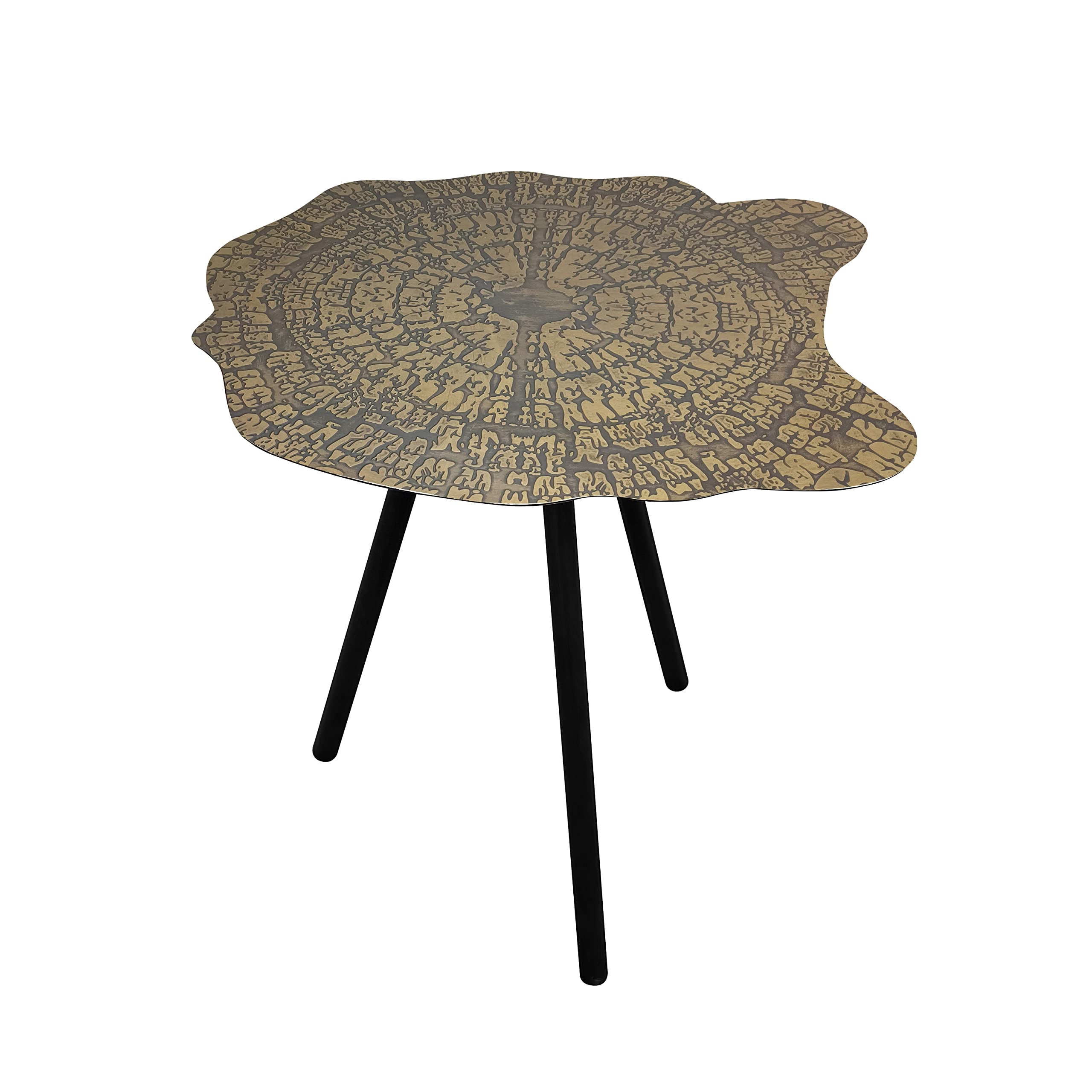 The Urban Port 16-Inch Iron Accent End Table, Abstract Tabletop, Artisanal Engravings, Antique Brass and Black