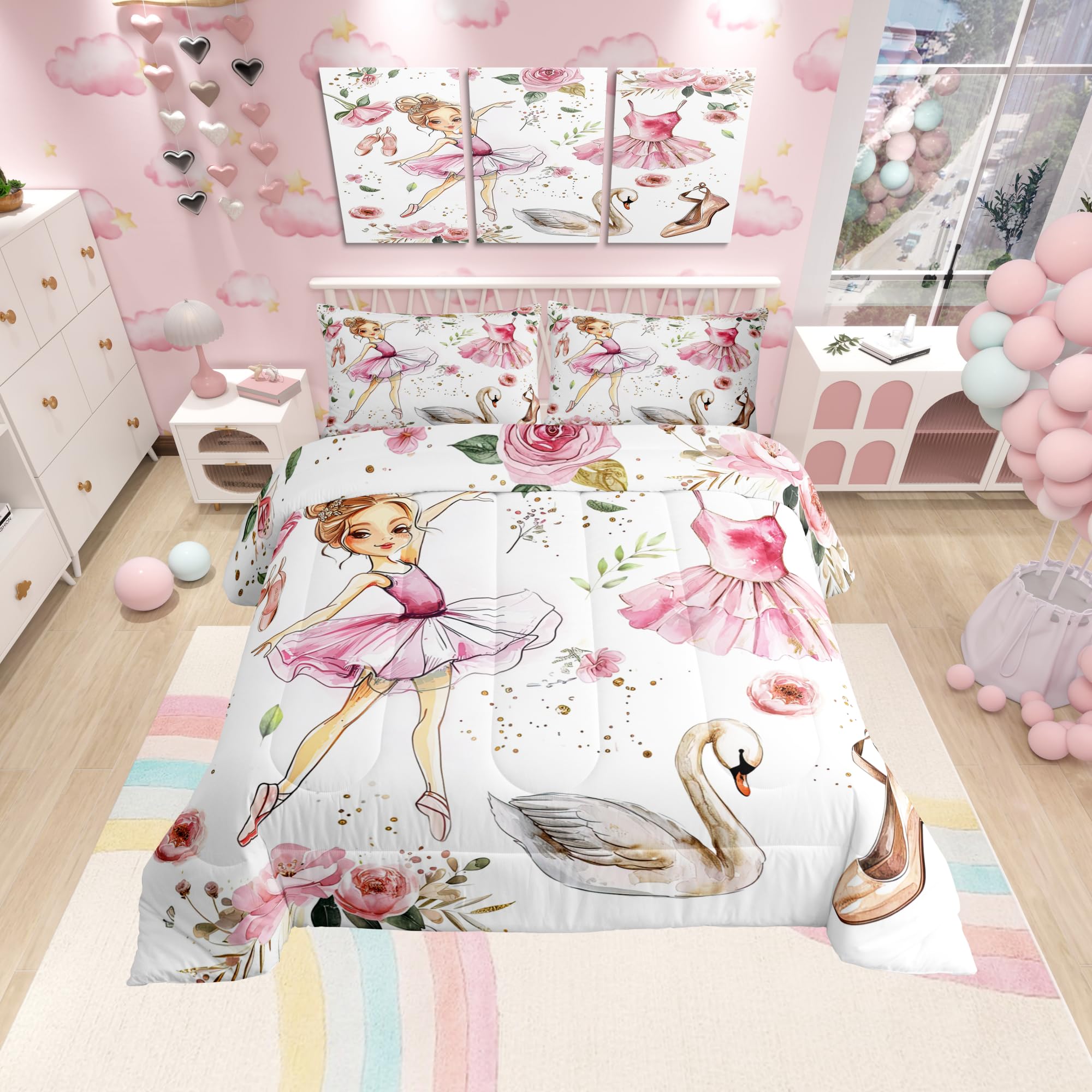 Manfei Ballet Dance Girl Twin Size Comforter Set,Pink Dancing Dress Shoes Quilt Set Soft Bed Collection,Elegant Swan Watercolor