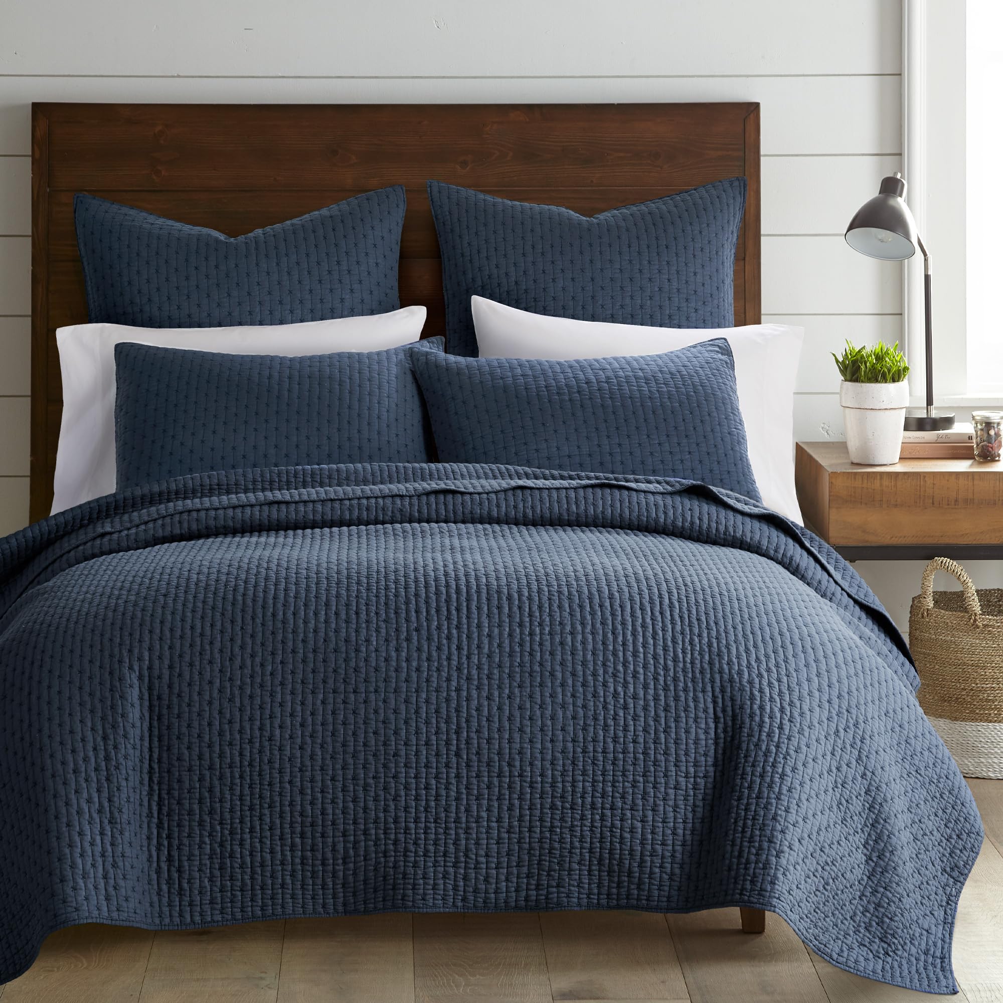 Levtex Home - Cross Stitch Navy Quilt Set - 100% Cotton - King/Cal King Quilt (106X92In.) + 2 King Shams (36X20In.) - Reversible