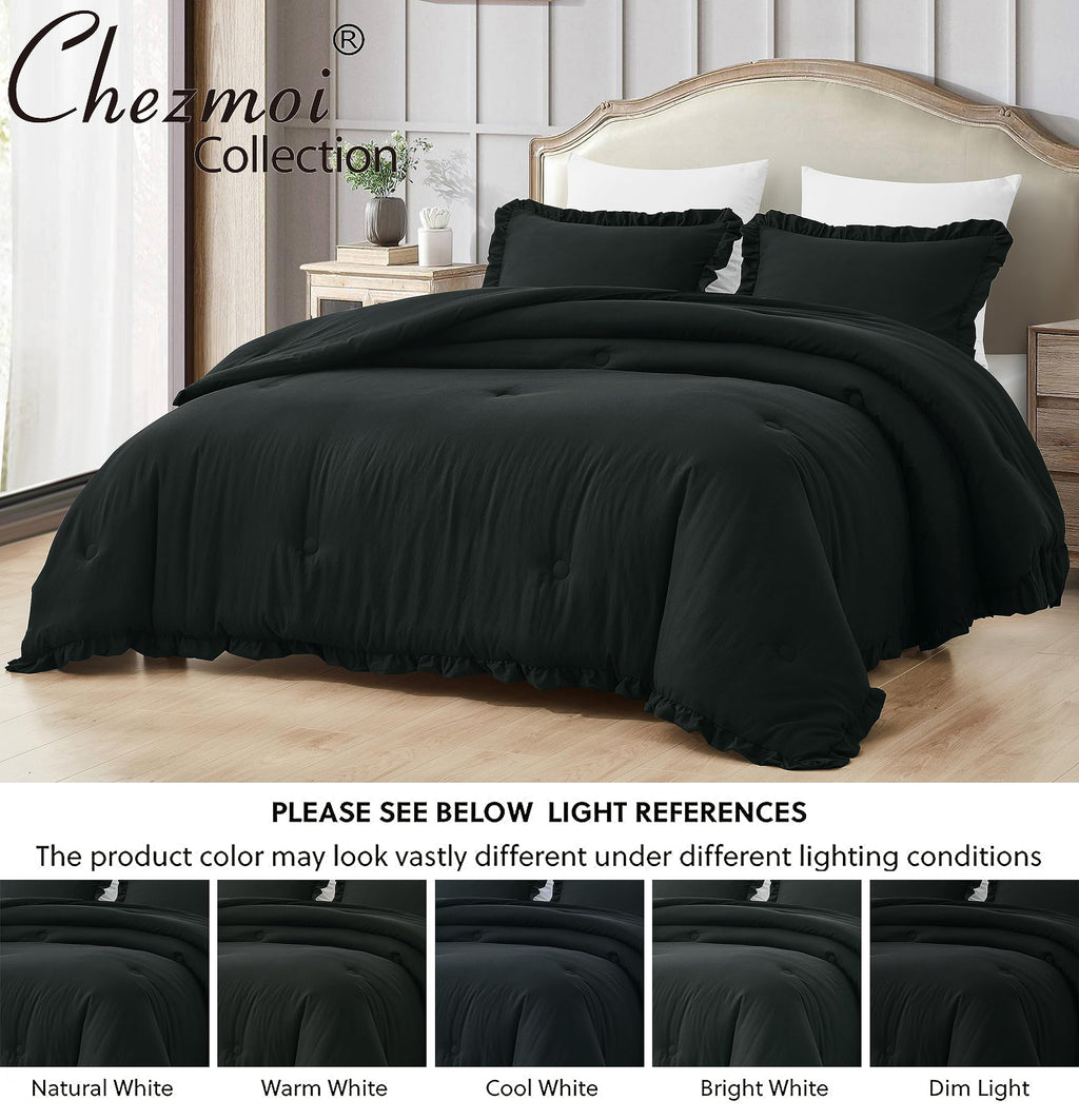 Chezmoi Collection Nora Black Comforter Set Oversized King Size 3-Piece Fluffy Soft Lightweight Bedding Ruffled Edge Trim Stone-