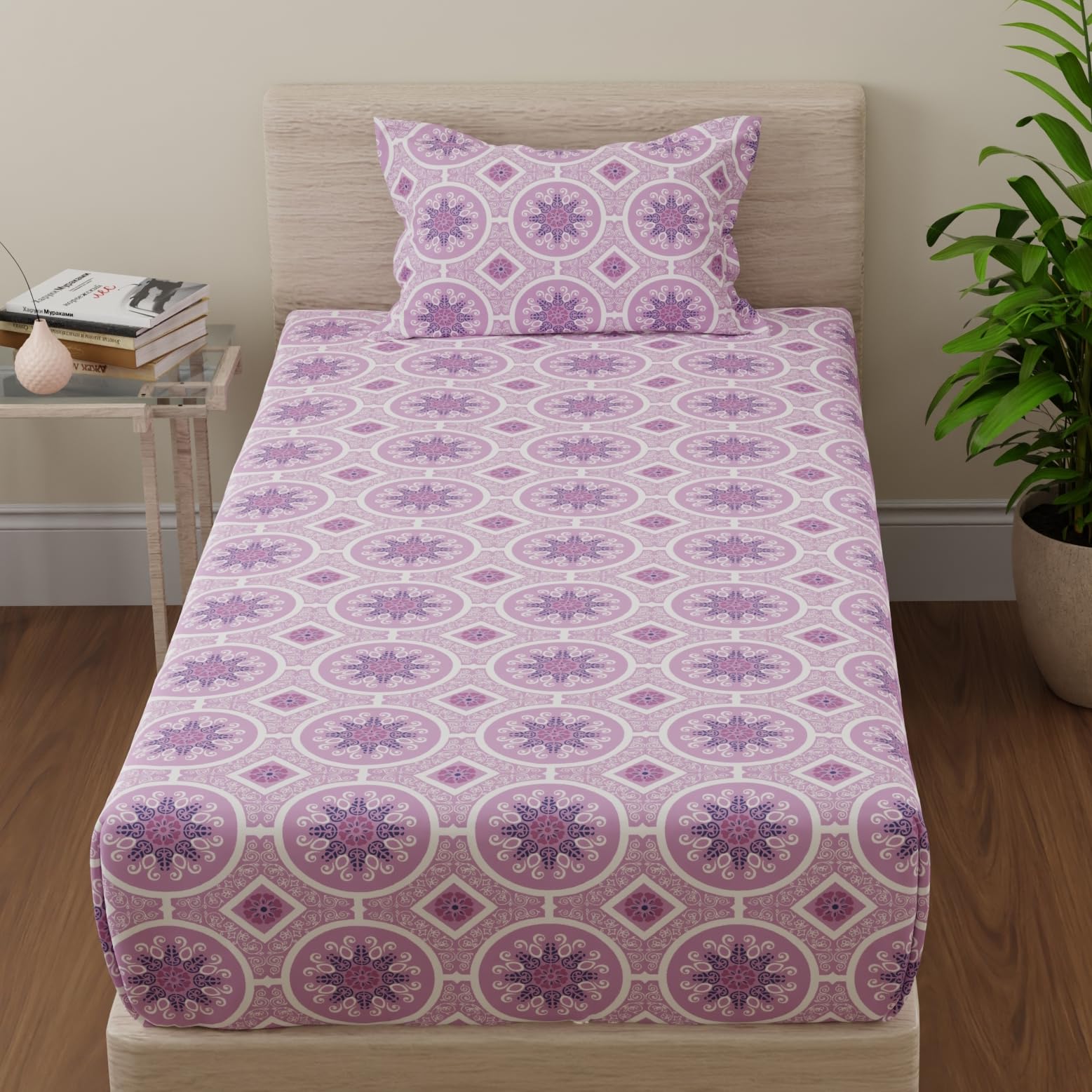 Huesland By Ahmedabad Cotton 144 Tc Bedsheet For Single Bed Cotton With 1 Pillow Cover | Pink | Mandala