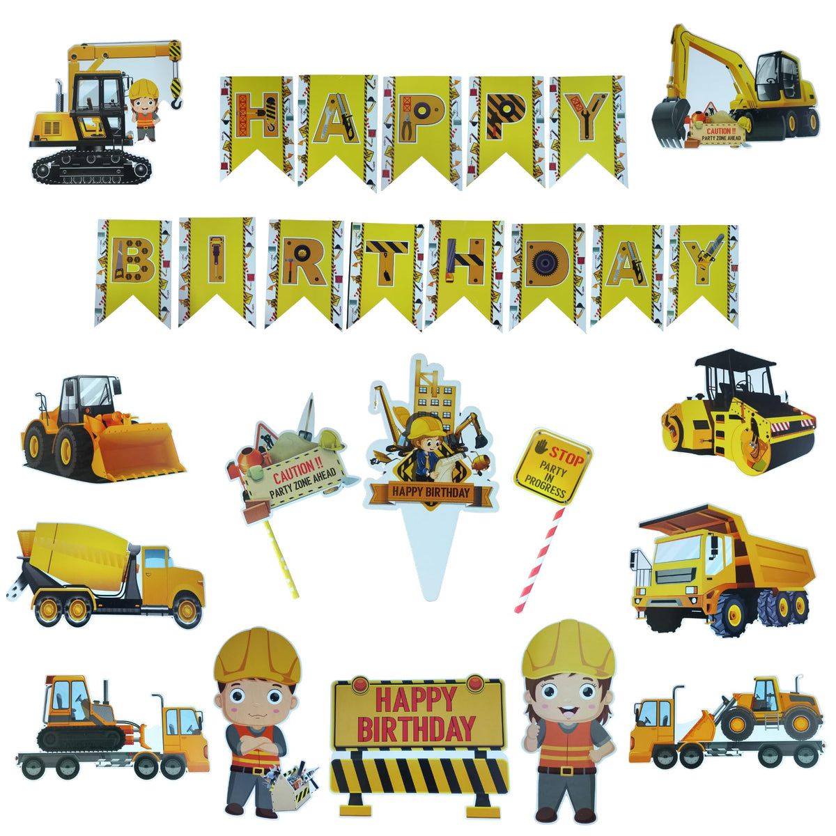 FI  FLICK IN 15 pcs Construction Theme Happy Birthday Decoration Set for Birthday Party with Vehicle Truck Cutout and Cake Topp