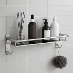 JIALTO Wall Mounted Bathroom Shelf Stainless Steel Bathroom Rack with Hooks & Guard Rail  Rustproof Multipurpose Shower Shelf