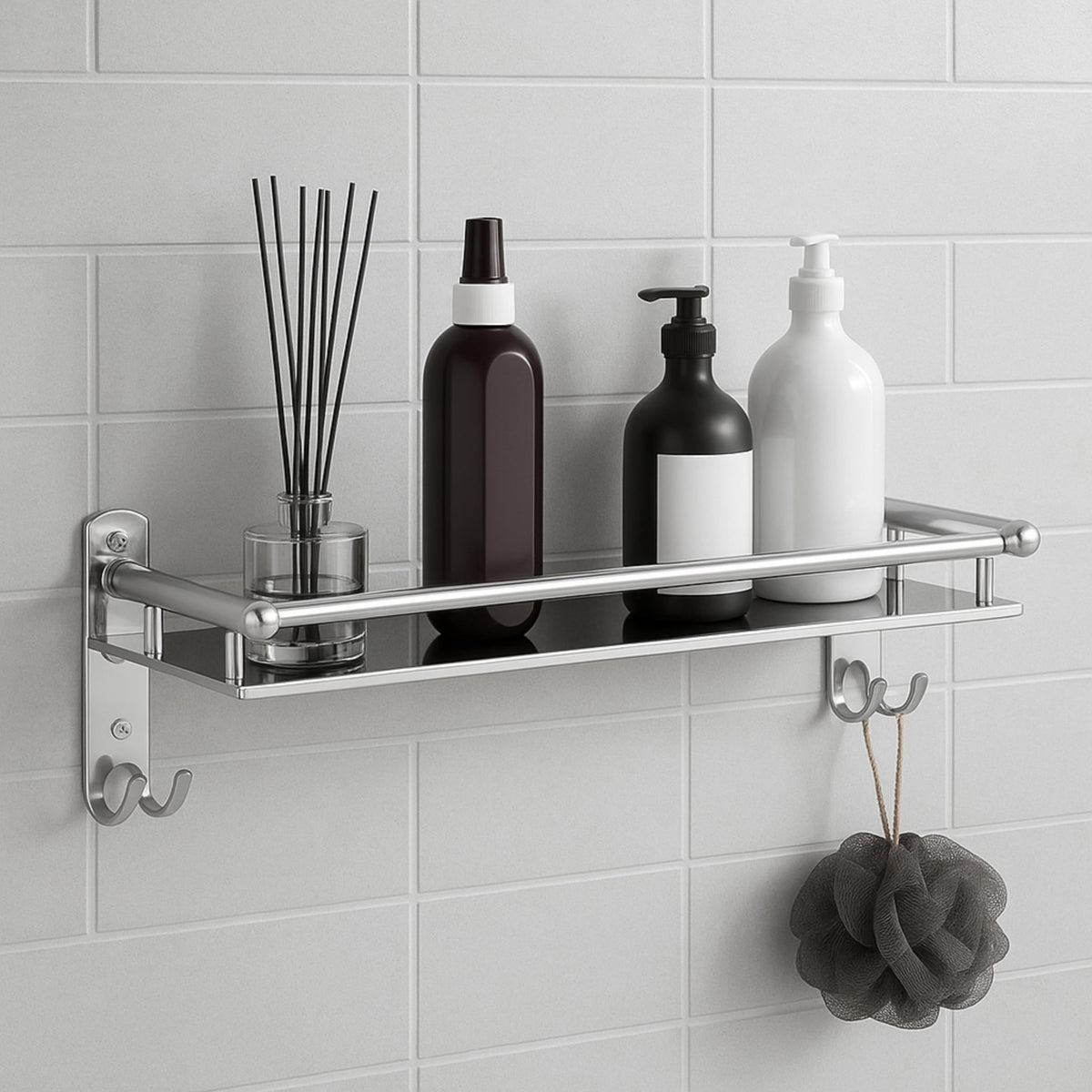 JIALTO Wall Mounted Bathroom Shelf Stainless Steel Bathroom Rack with Hooks & Guard Rail  Rustproof Multipurpose Shower Shelf