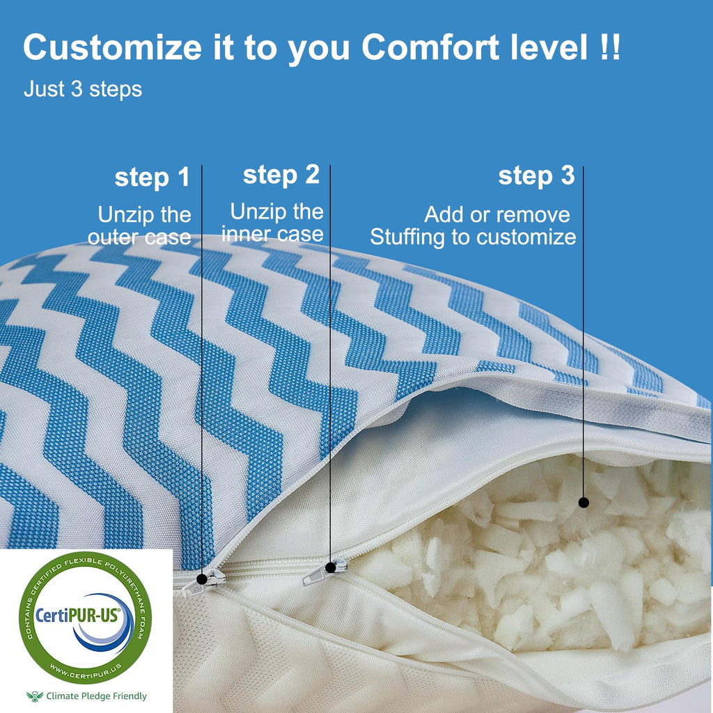King Size Pillows - Adjustable Firm King Pillows For Back Stomach And Side Sleeper- Shredded Memory Foam Cooling Pillow For Neck