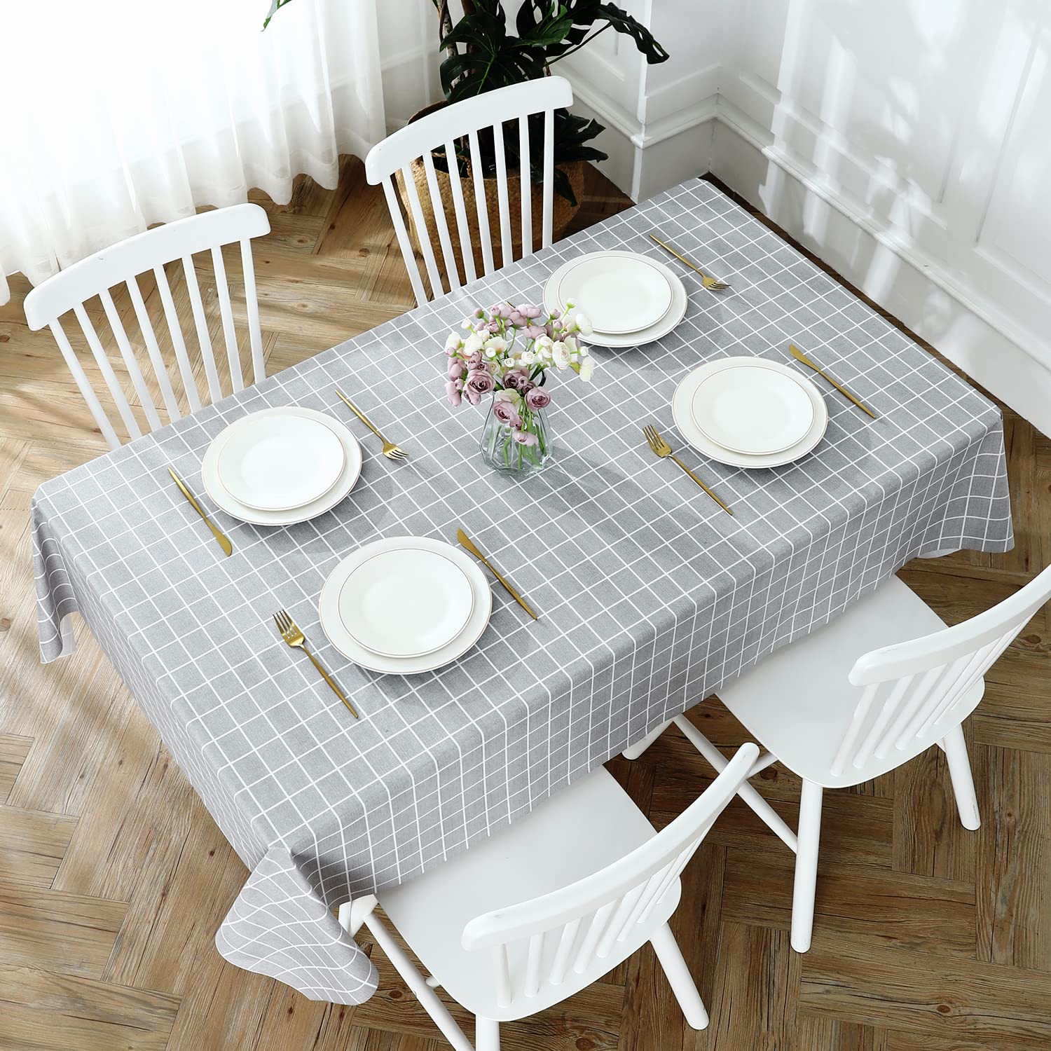 Romanstile Rectangle Plastic Tablecloth, 100% Waterproof Oil-Proof Checkered Pvc Table Cloths, Heavy Duty Vinyl Table Covers For Dining, Camping, Picnic, Outdoor - 54 X 78 Inch, Grey