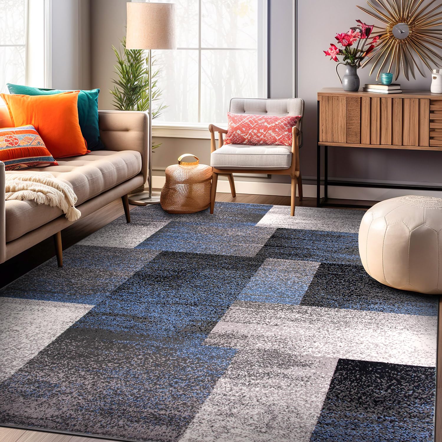 Rugshop Modern Distressed Boxes Area Rug 7 10 x 10 Blue