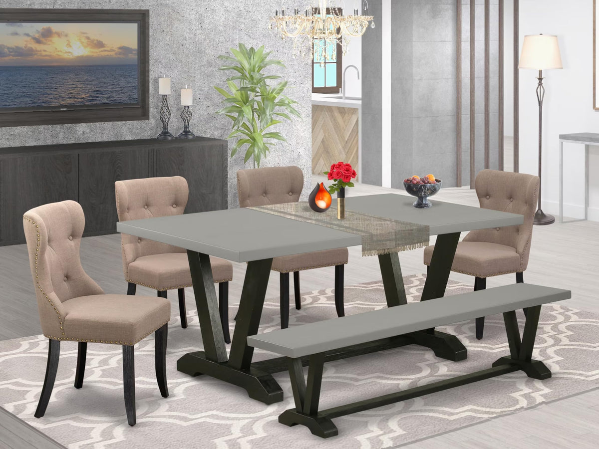 East West Furniture V697Si648-6 6 Piece Dining Room Table Set Contains A Rectangle Kitchen Table With V-Legs And 4 Coffee Linen Fabric Parson Chairs With A Bench, 40X72 Inch, Multi-Color
