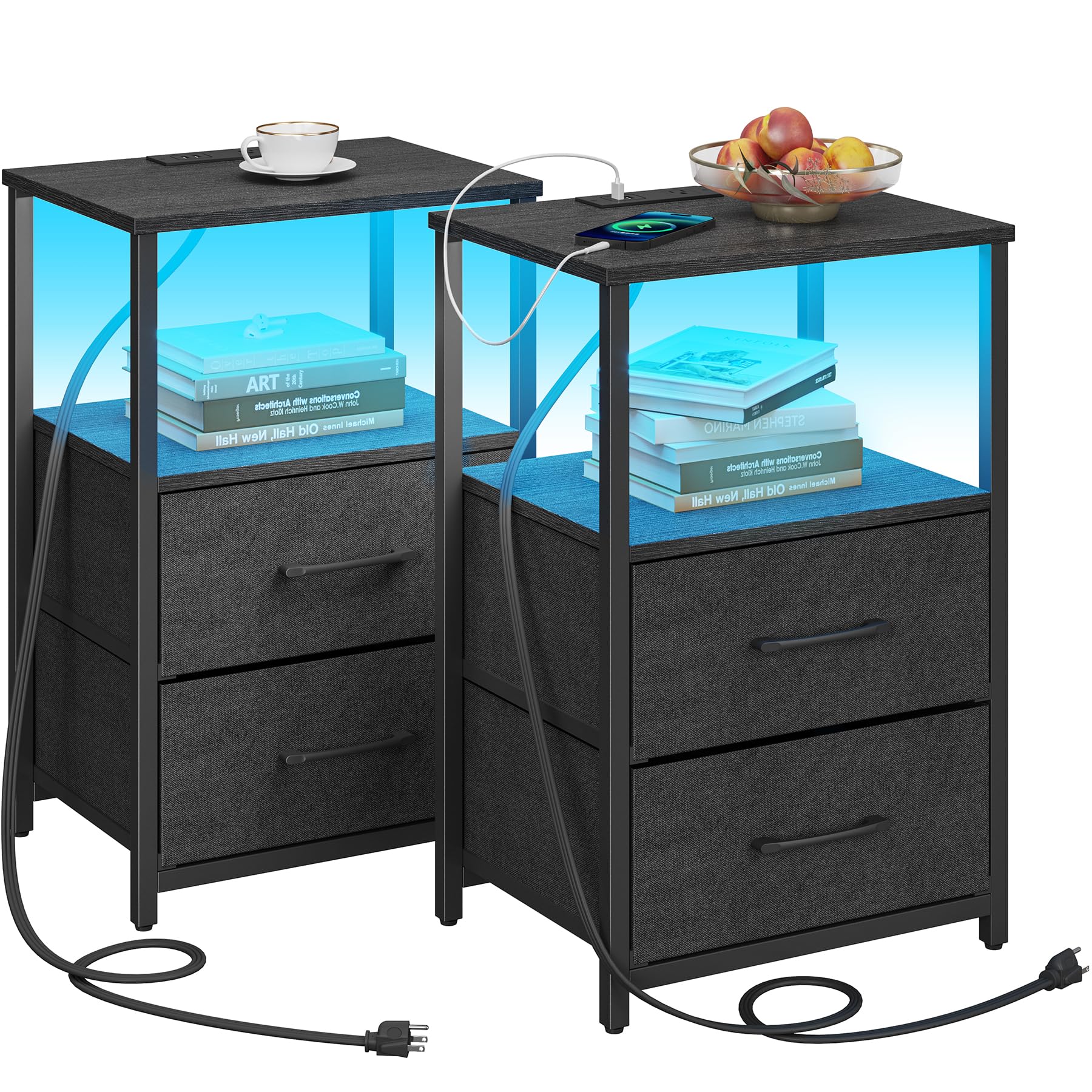 Tutotak Led End Table With Charging Station, Nightstand With Cloth Drawer, Side Table With 1 Usb Port And 1 Type-C Port, Set Of 2, Couch Table, Black Tb01Bk052L