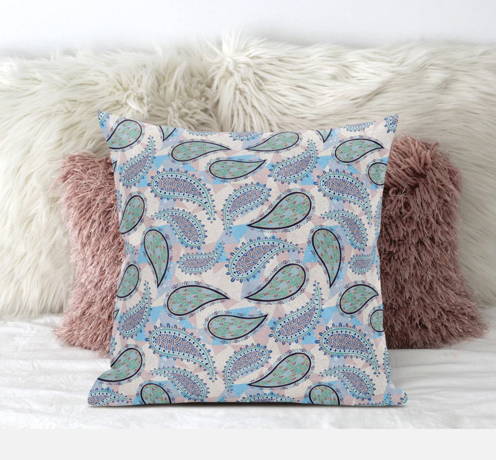 HomeRoots Peach Pink 20â€ Blue Green Boho Paisley Zippered Suede Throw Pillow