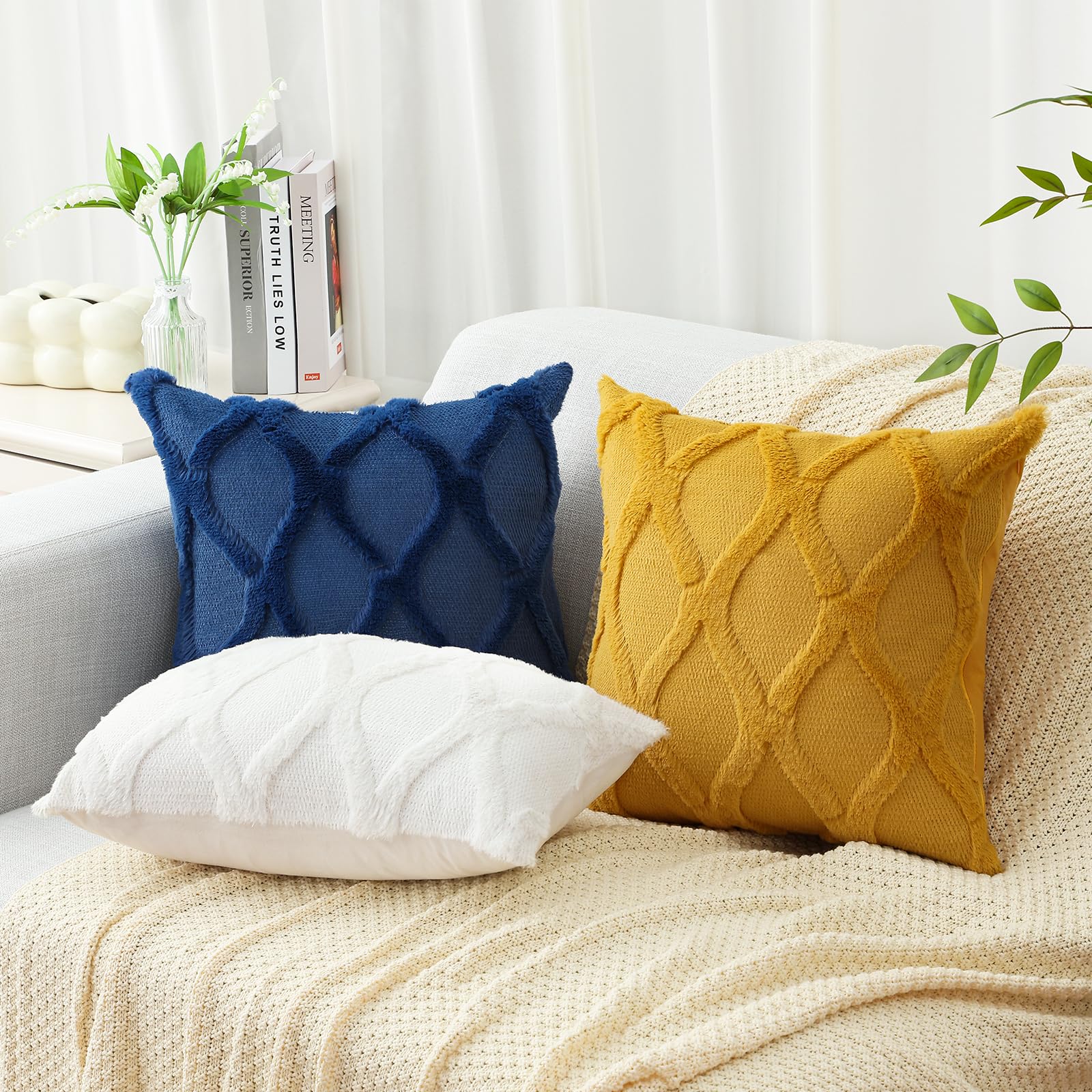 Decoruhome Throw Pillow Covers 26X26 Inch Set Of 2, Soft Plush Faux Fur Wool Dark Blue Couch Pillow Covers, Decorative Pillow Cases For Bed Sofa Living Room Home Decor