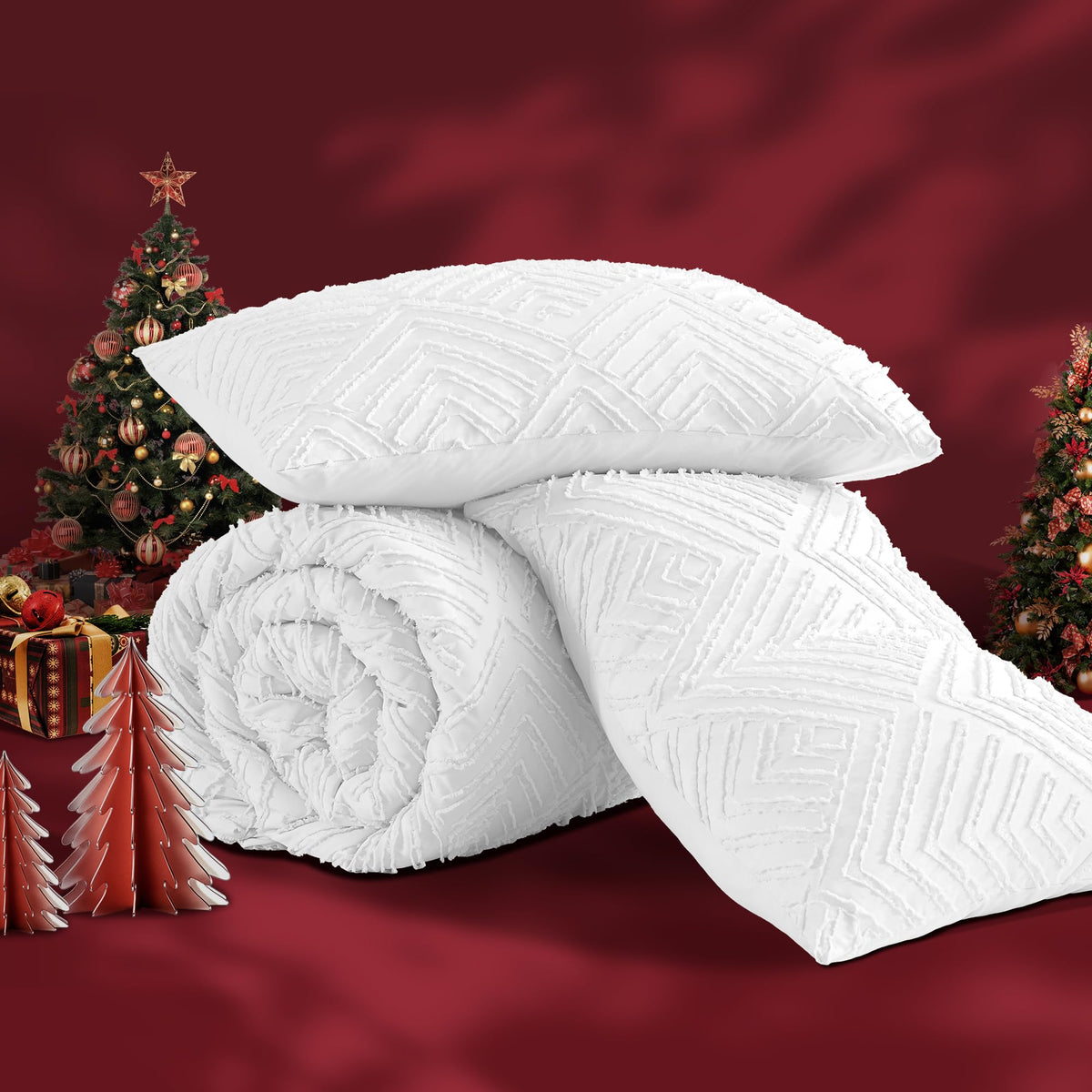Andency White Comforter Full Size, 3 Pieces Boho Lightweight Fluffy Bedding Comforter Set For Full Bed, Tufted Farmhouse Design Bed Set For All Seasons (1 Comforter 79X90In, 2 Pillowcases)