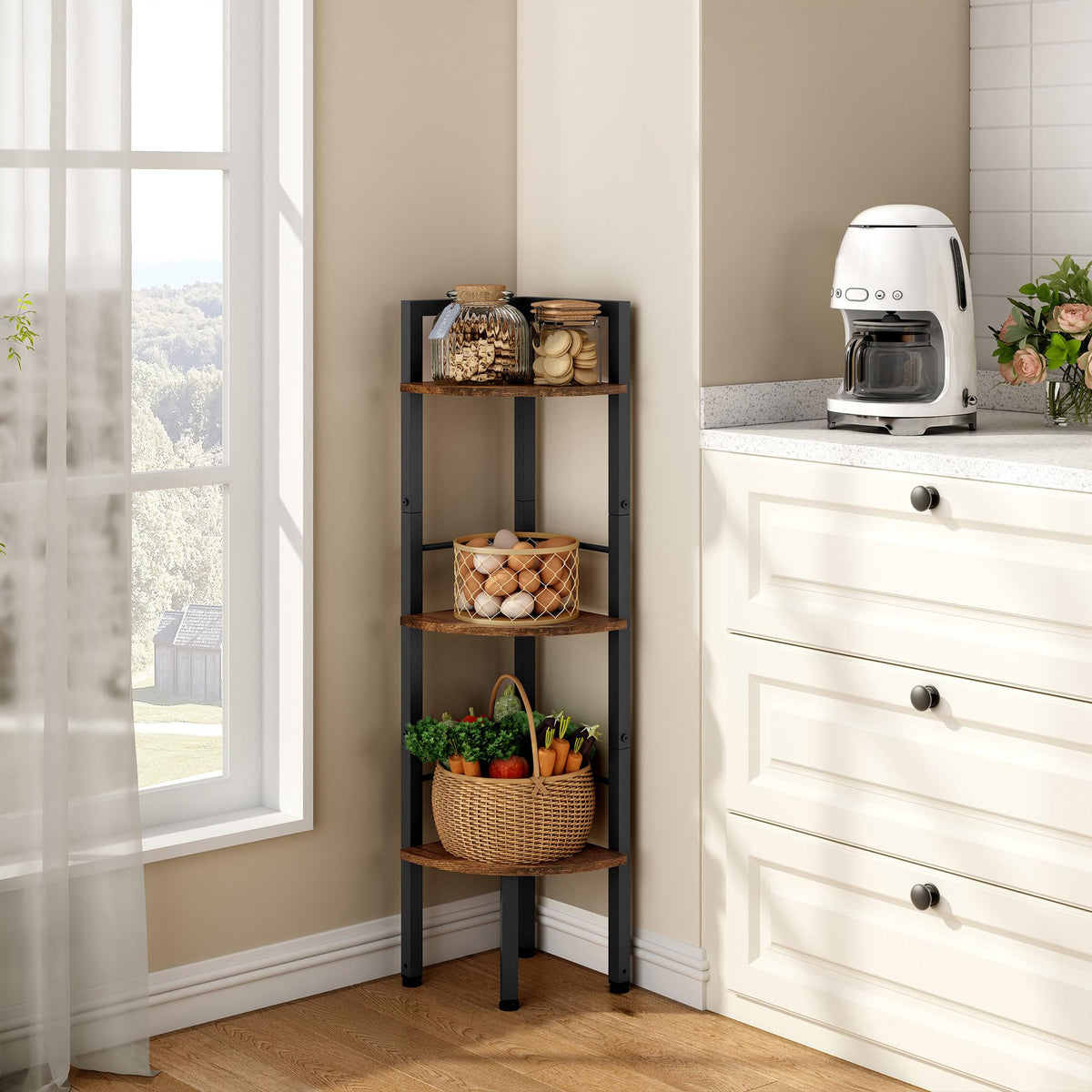 Tajsoon Small Corner Shelf Stand 3 Tier 39.6' Industrial Corner Ladder Shelves, Corner Display Shelf, Tall Corner Bookshelf Shelving Unit For Bedroom, Living Room, Office, Kitchen, Rustic Brown