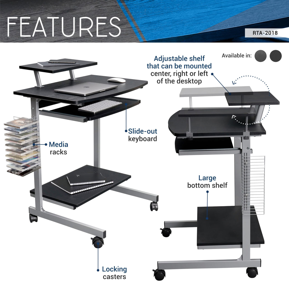 Techni Mobili Compact Computer Cart with Storage, Espresso