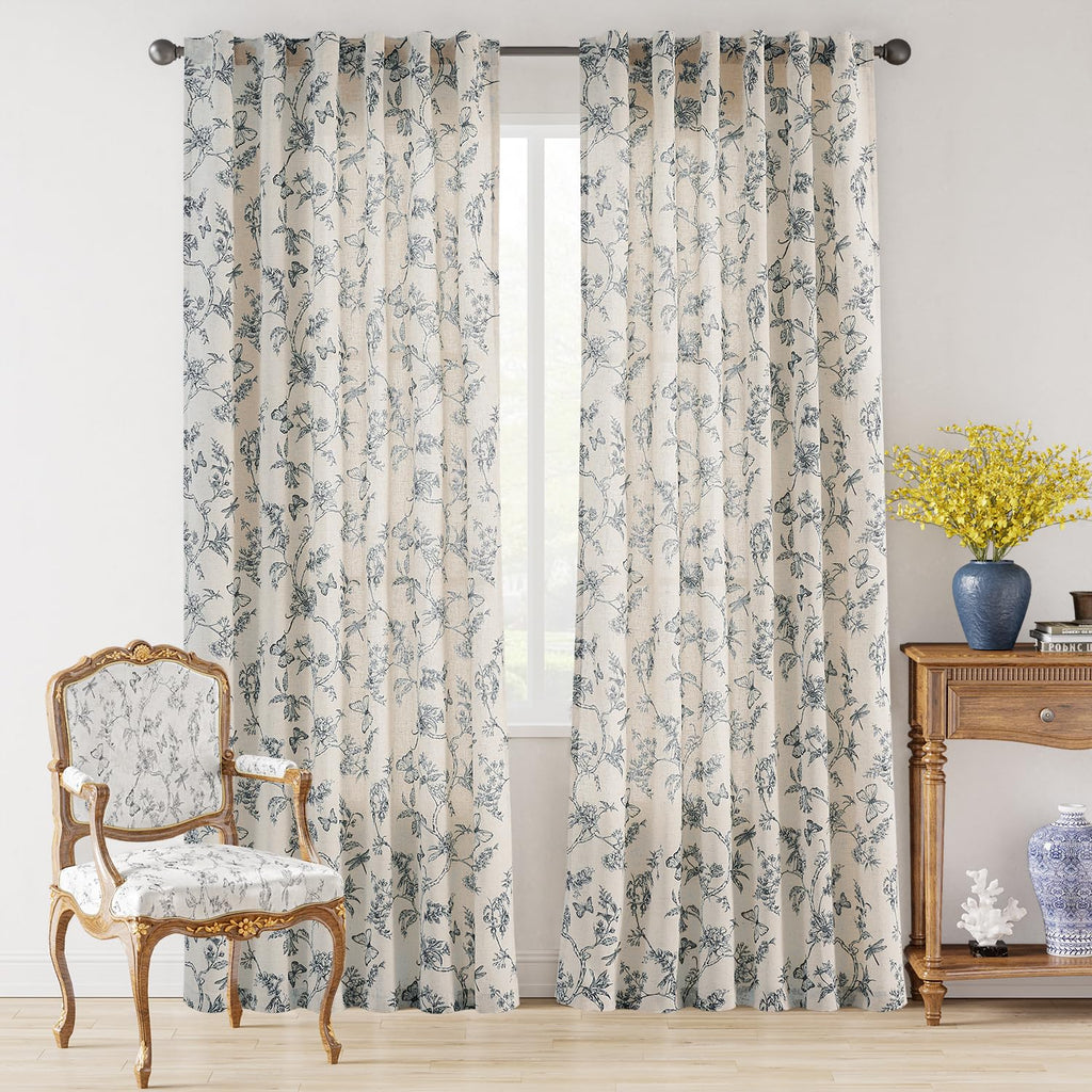 Lazzzy Blue Floral Curtains 84 Inch Length Linen Farmhouse Curtain Back Tab Drapes For Living Room Bedroom Light Filtering Vinta
