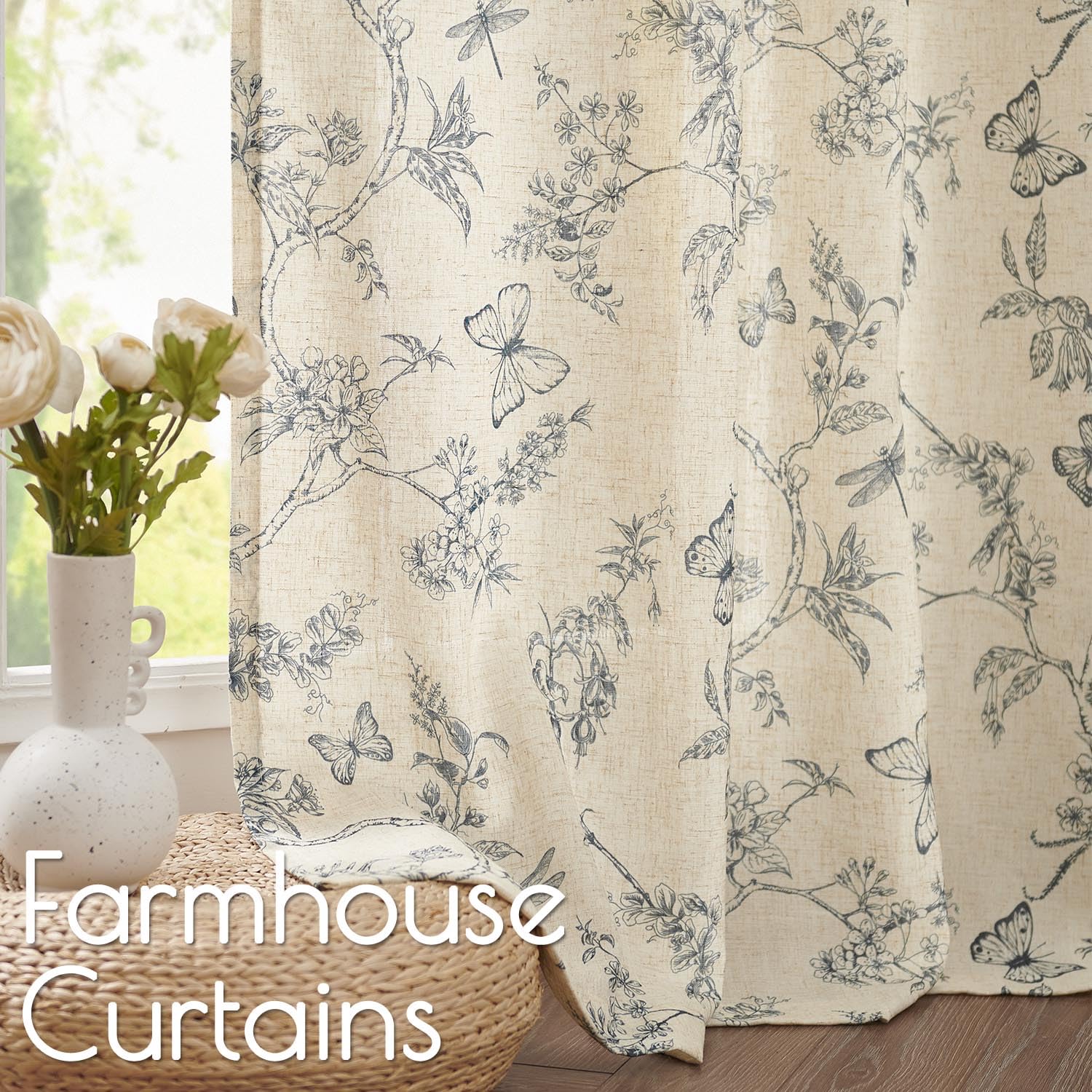 Lazzzy Blue Floral Curtains 84 Inch Length Linen Farmhouse Curtain Back Tab Drapes For Living Room Bedroom Light Filtering Vinta