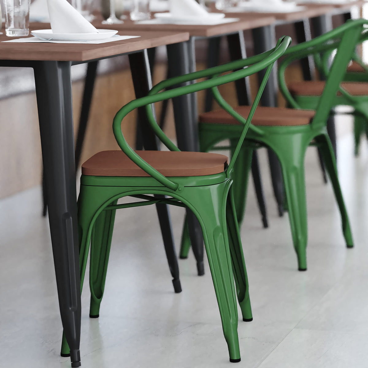 Flash Furniture Luna Commercial Grade Indoor-Outdoor Stack Chair with Arms - Green Metal Frame - Teak All-Weather Polystyrene Seat - Vertical Slat Back