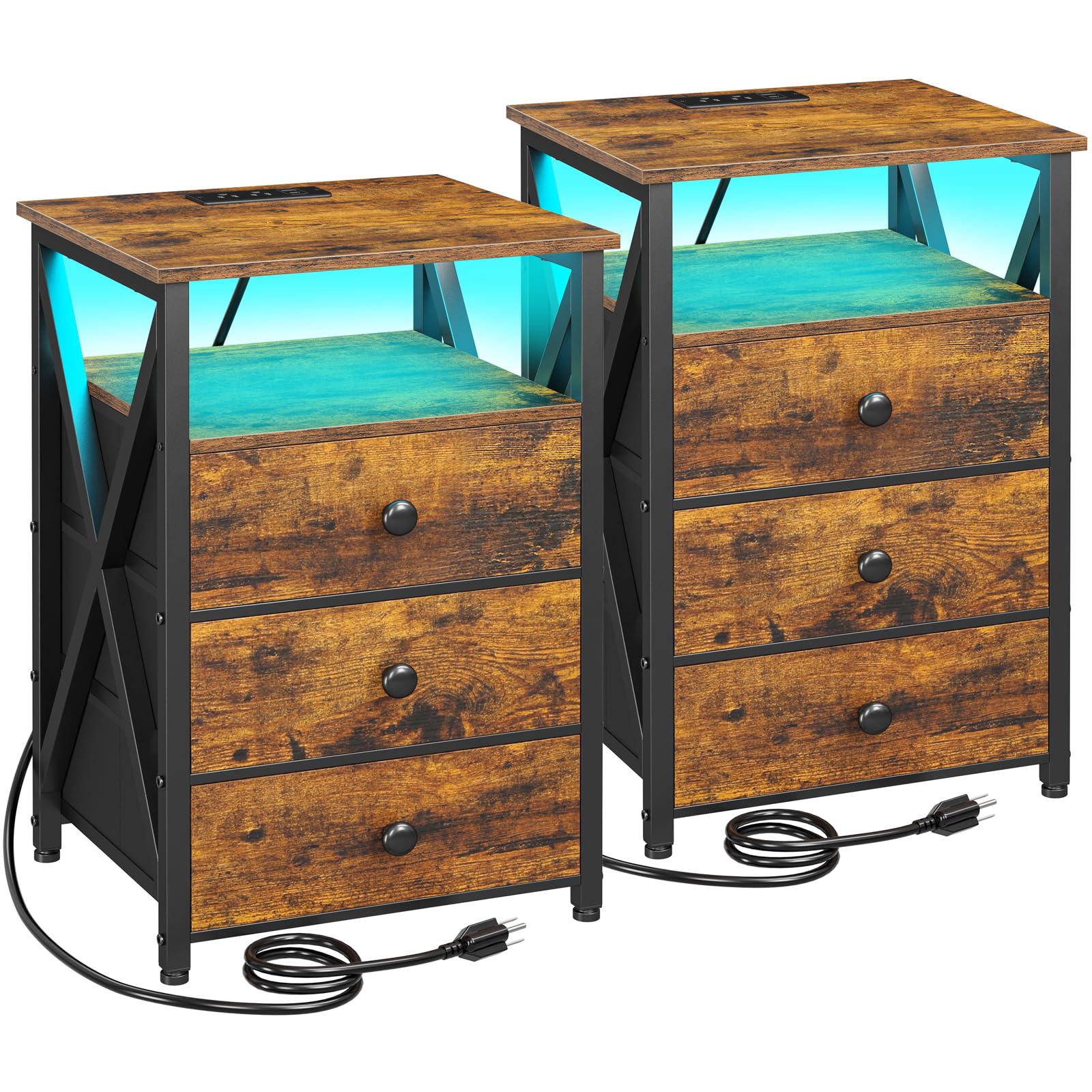 Amhancible Night Stand Set 2, Led Nightstand With Charging Station, End Side Tables With Usb Port & Outlet, Bedside Tables With Fabric Drawers For Bedroom Living Room, Rustic Brown Het053Lbr