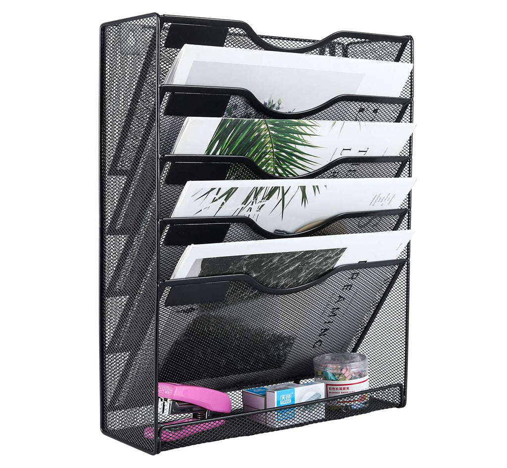 Easypag Wall File Organizer Mesh 5 Tier Wall File Holder Desktop Vertical Hanging File Folder Organizer With Bottom Flat Tray Si